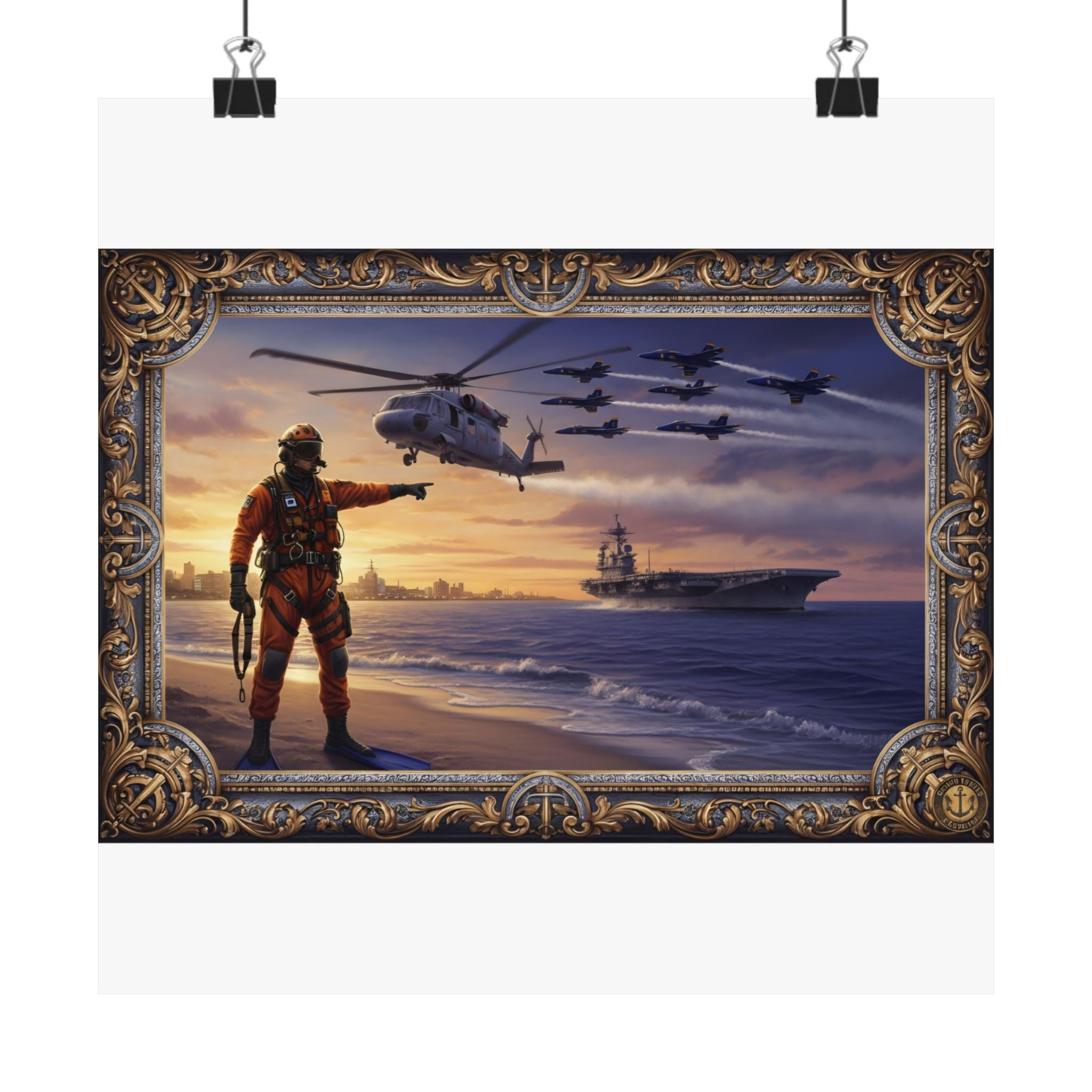 Military Aviation Matte Poster — Navy Helicopters & Sailor Sunset