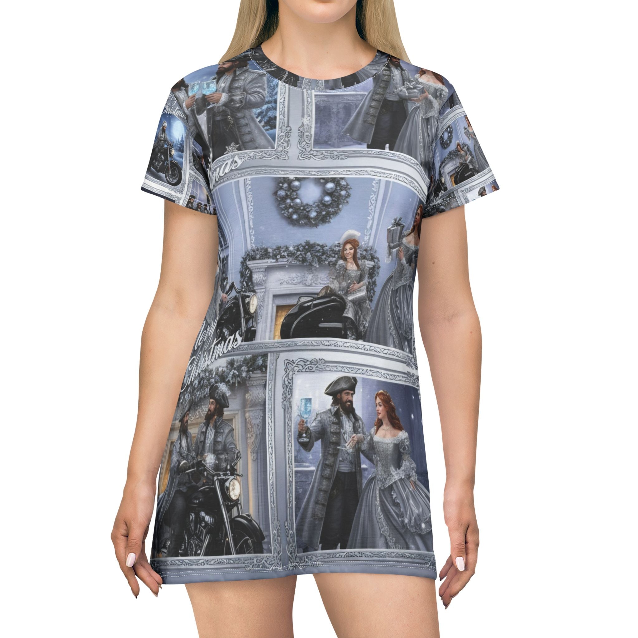 Merry Christmas Fantasy T-Shirt Dress — Winter Scene All-Over Print