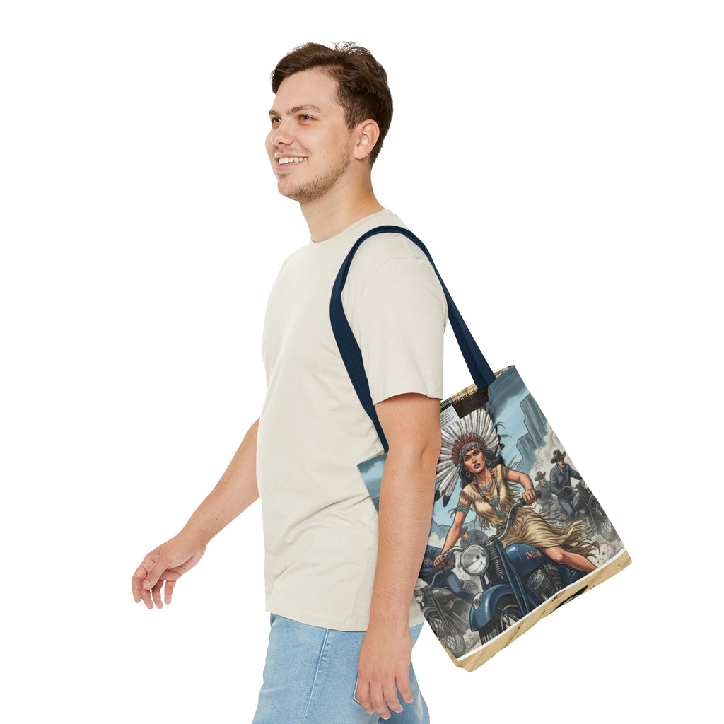 Vintage Biker Tote Bag — Motorcycle Pinup with Headdress