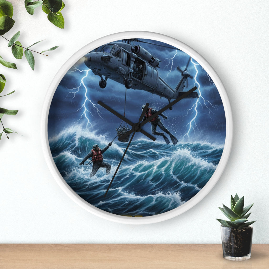Rescue Helicopter Storm Wall Clock — Search & Rescue Ocean Scene