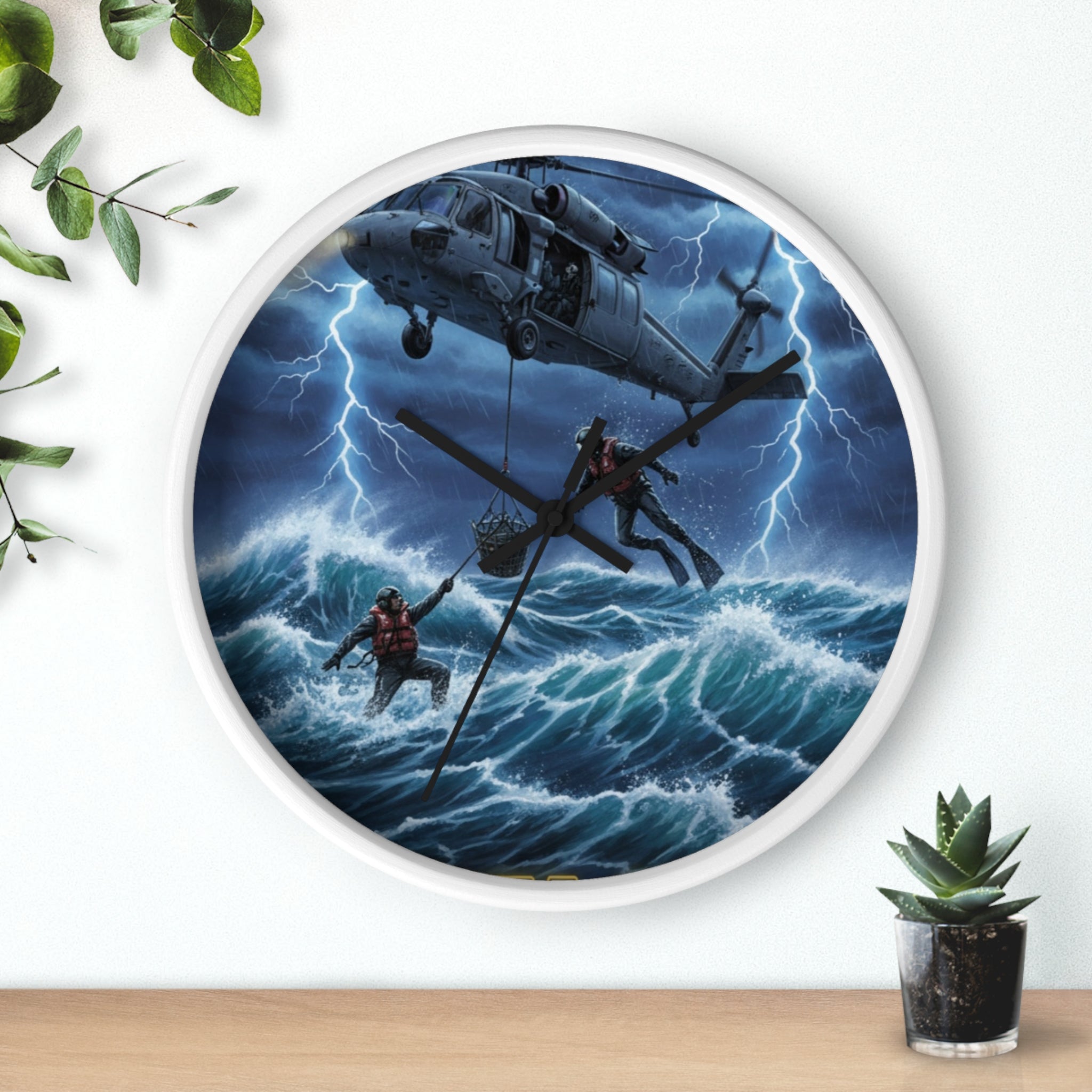 Rescue Helicopter Storm Wall Clock — Search & Rescue Ocean Scene