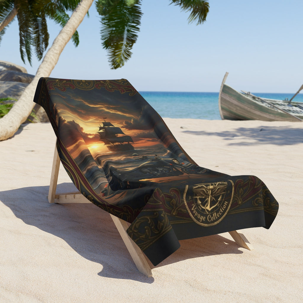 Pirate Sunset Beach Towel — Nautical Ship & Skull Sunset Design