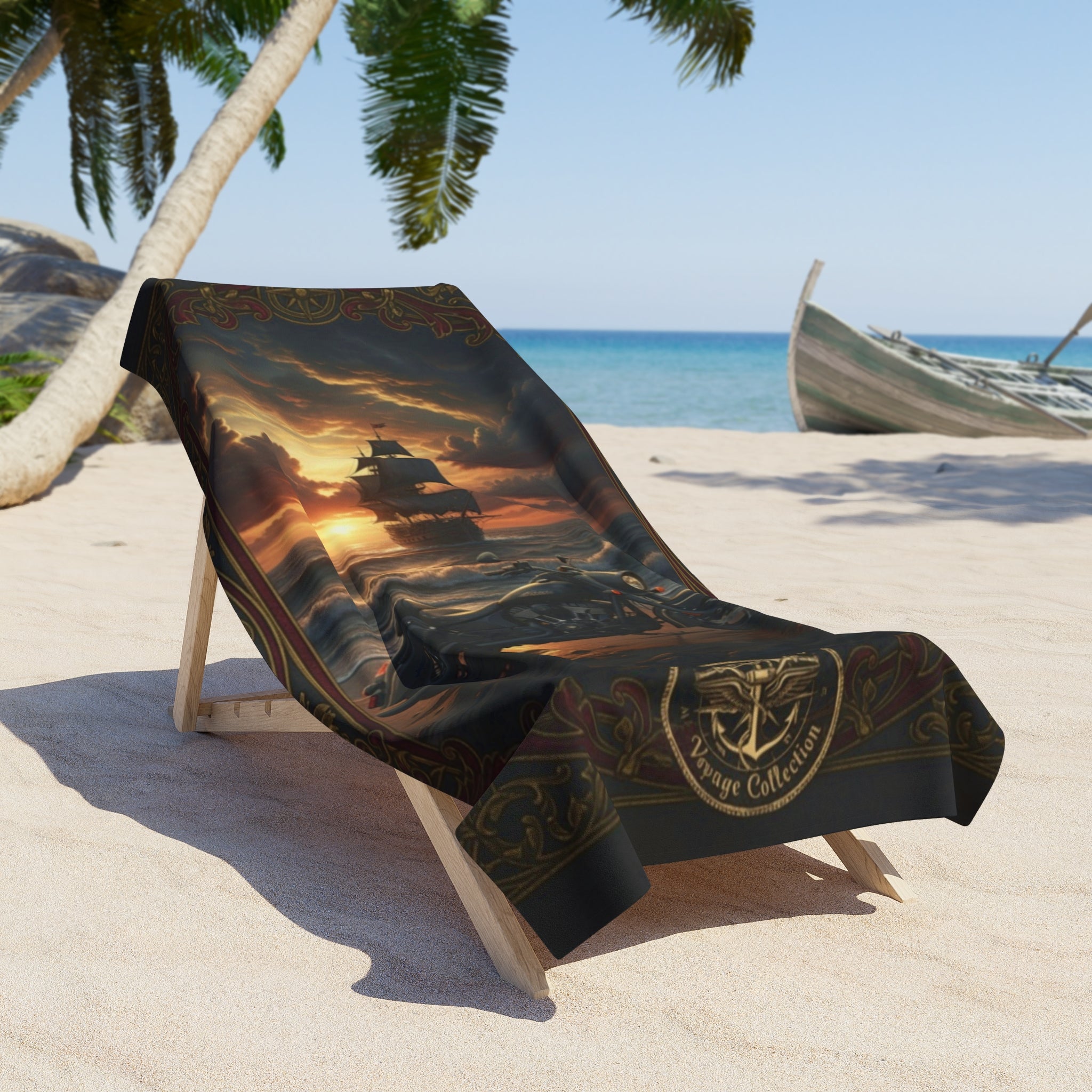Pirate Sunset Beach Towel — Nautical Ship & Skull Sunset Design
