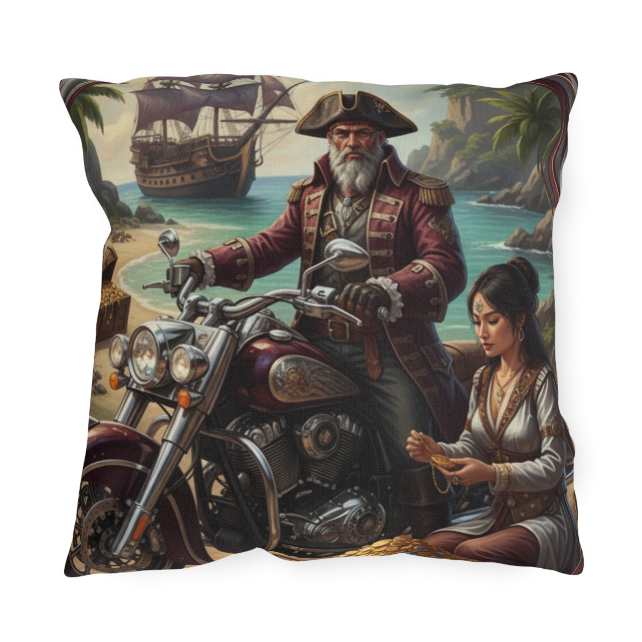 Pirate Sunset Outdoor Pillow — Nautical Pirate Ship Decorative Cushion