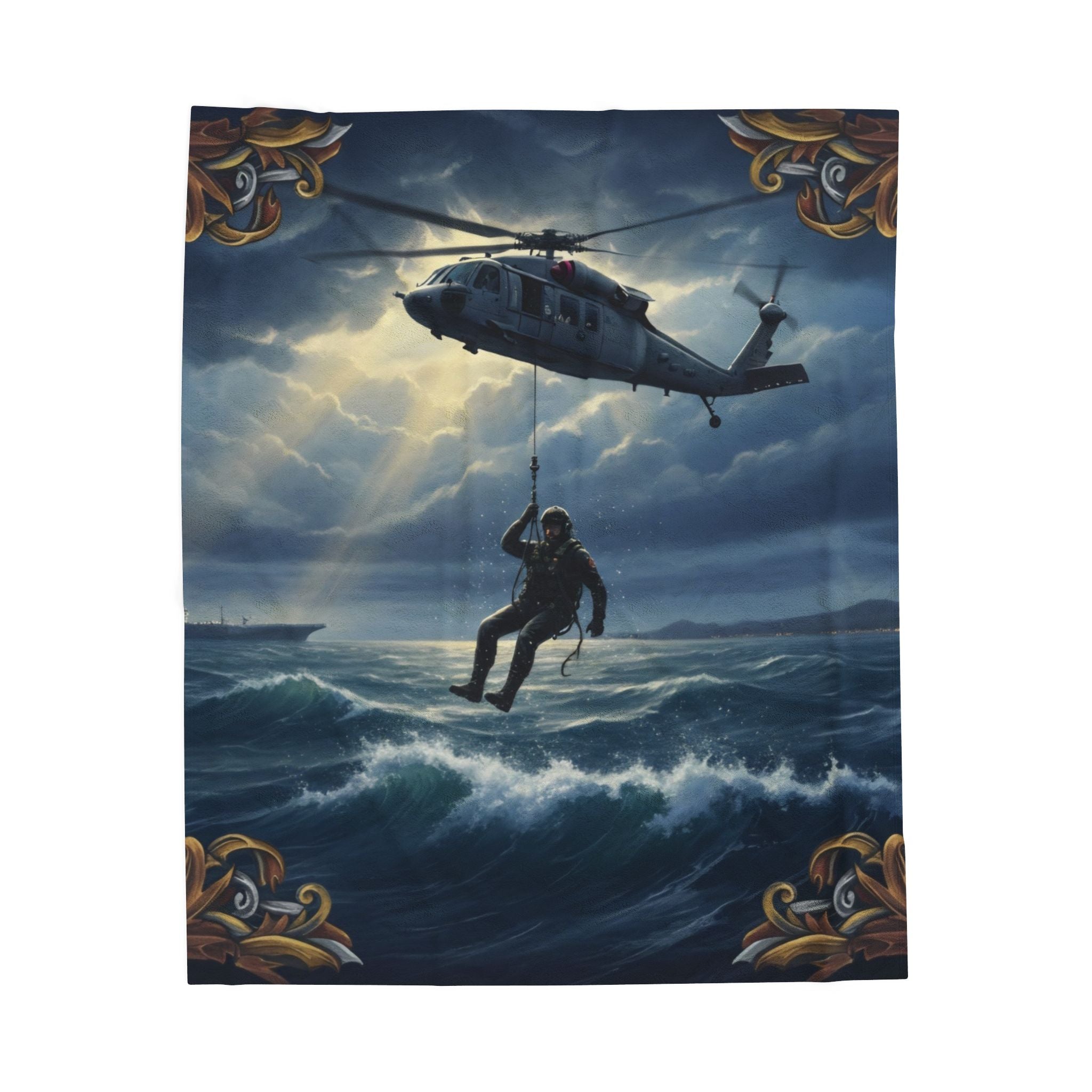 Rescue Helicopter Velveteen Plush Blanket — Maritime SAR Scene