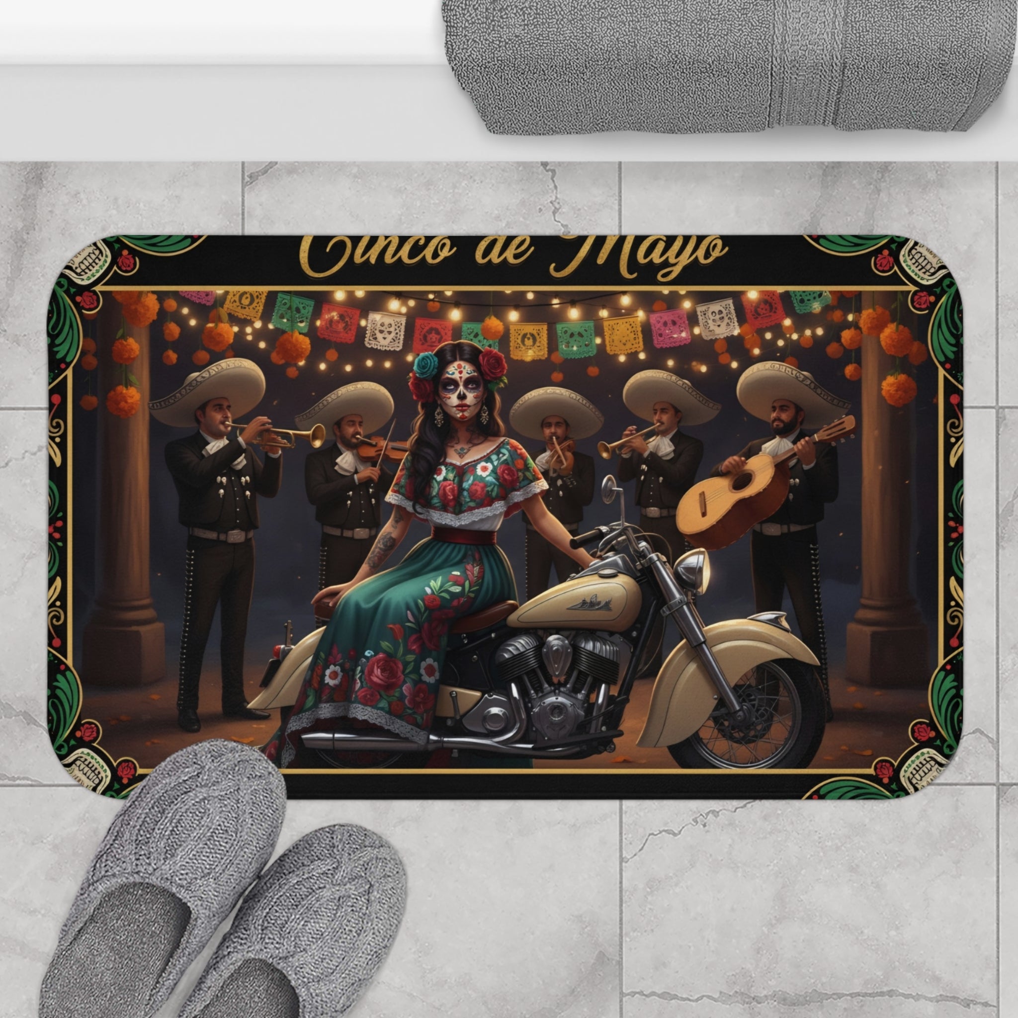 Cinco de Mayo Day of the Dead Motorcycle Bath Mat – Mexican Mariachi Skull Design