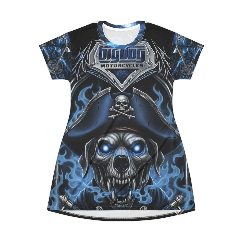 Skull Pirate T-Shirt Dress — Blue Flame Motorcycle Gothic Tee Dress