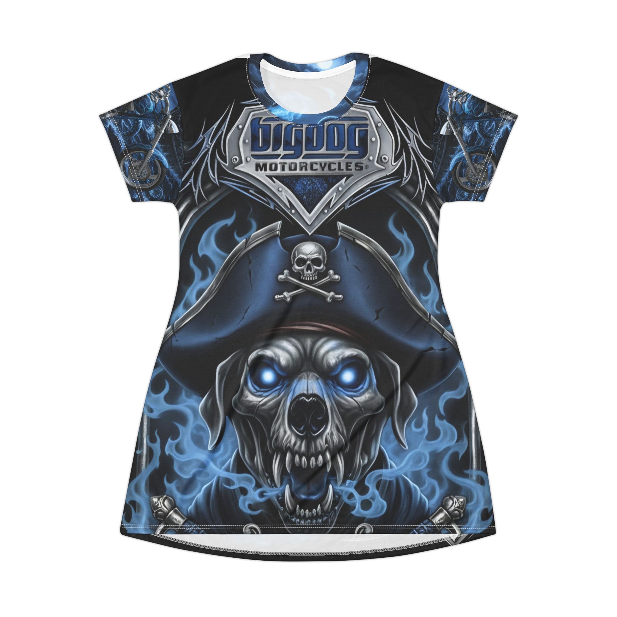 Skull Pirate T-Shirt Dress — Blue Flame Motorcycle Gothic Tee Dress