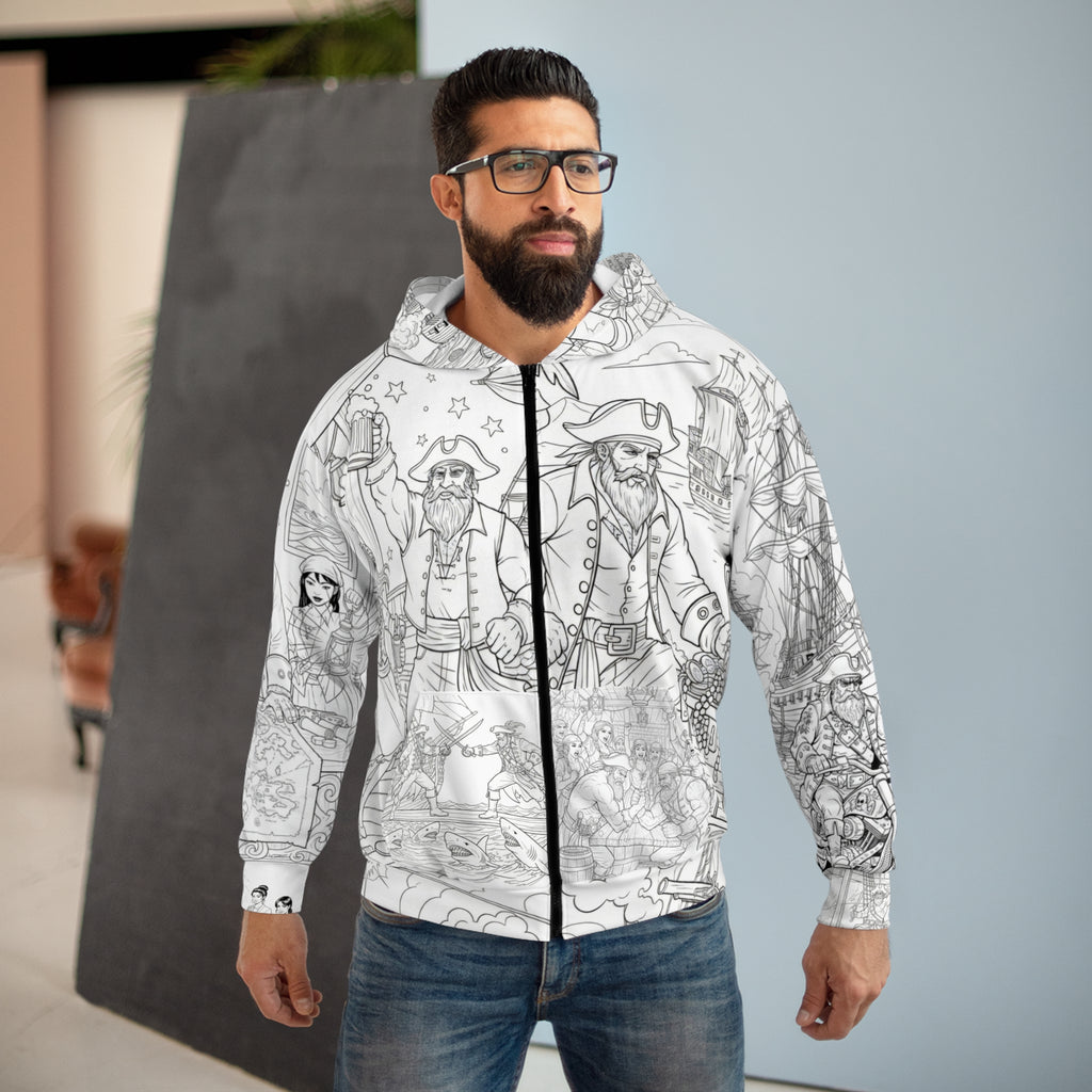 Pirate Adventure Zip Hoodie — All-Over-Print Coloring-Style Design