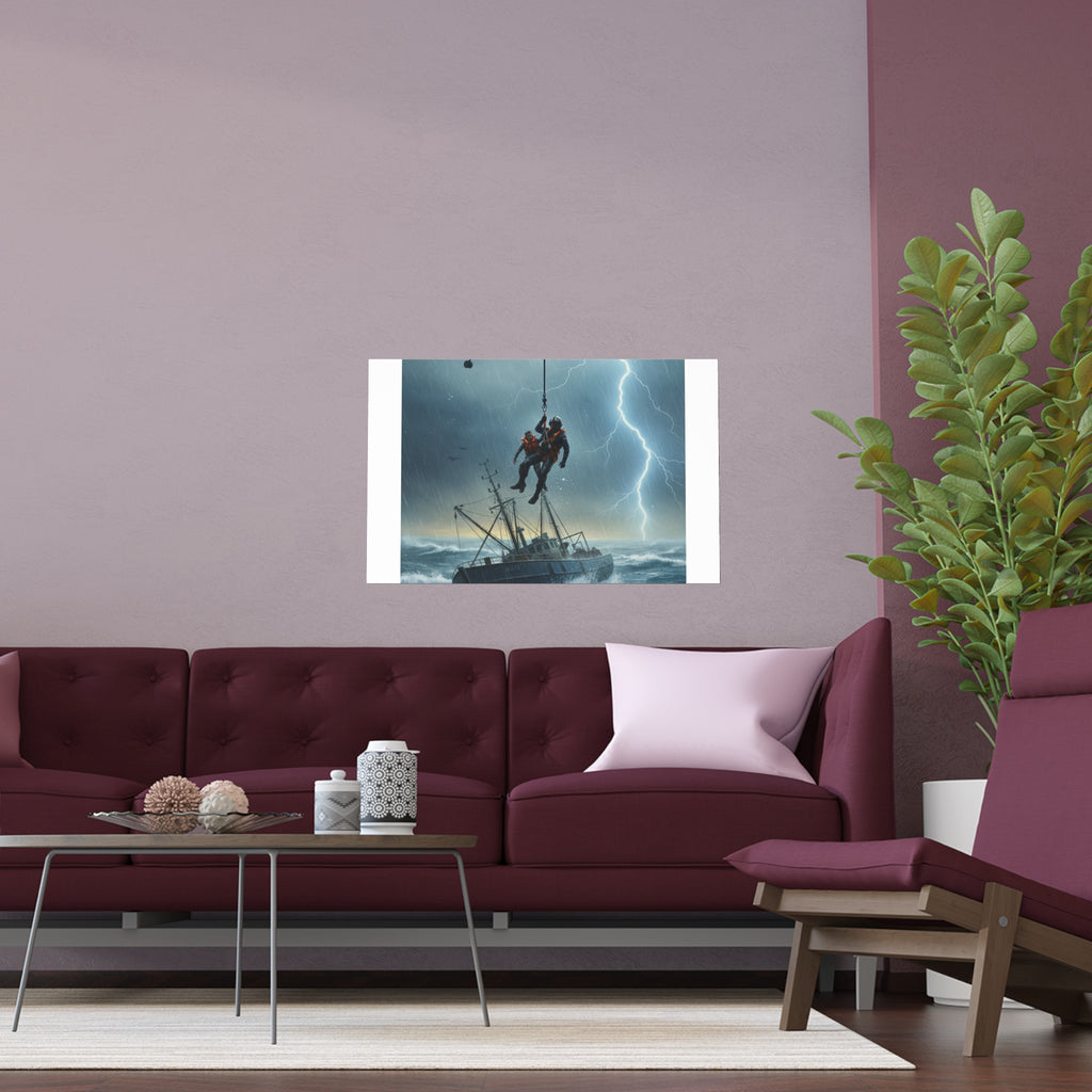 Rescue at Sea Silk Poster — Storm Helicopter Lifesaver Wall Art (Indoor/Outdoor)