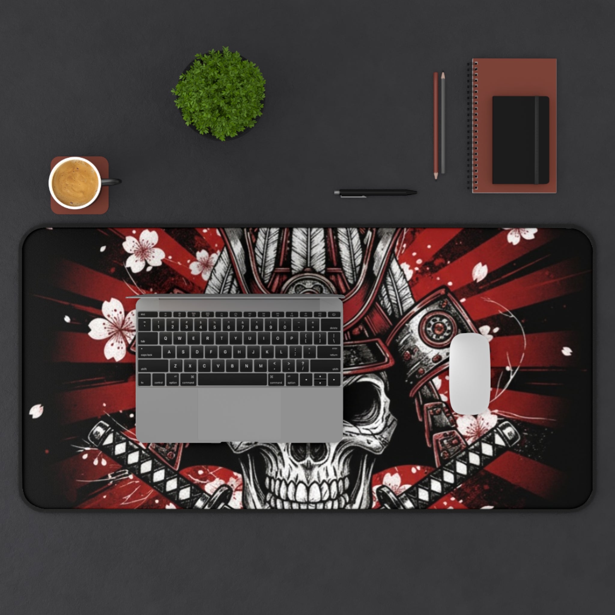 Samurai Skull Desk Mat — Red Cherry Blossom Gaming Mousepad