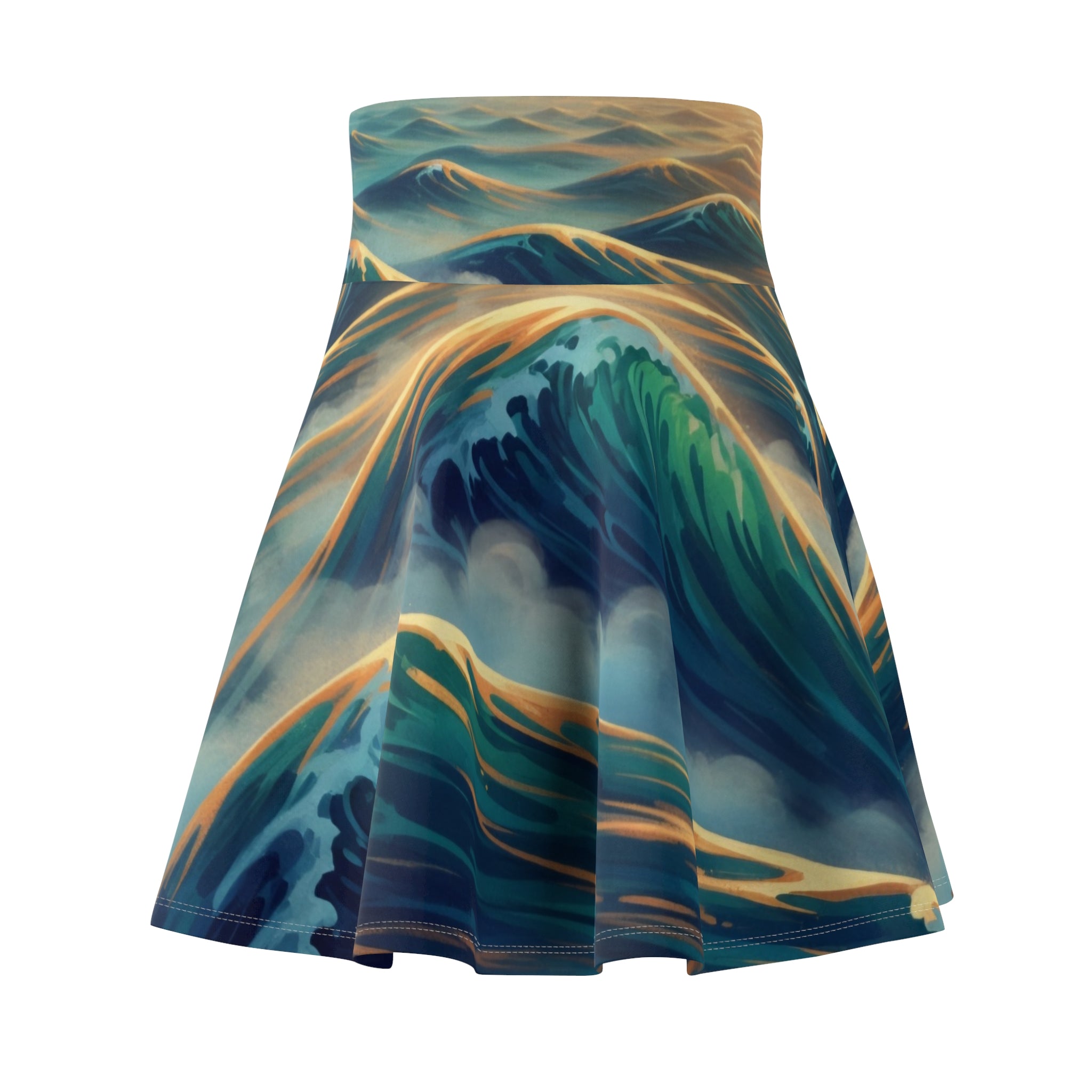 Ocean Wave Skater Skirt — Artistic Teal & Gold All-Over Print
