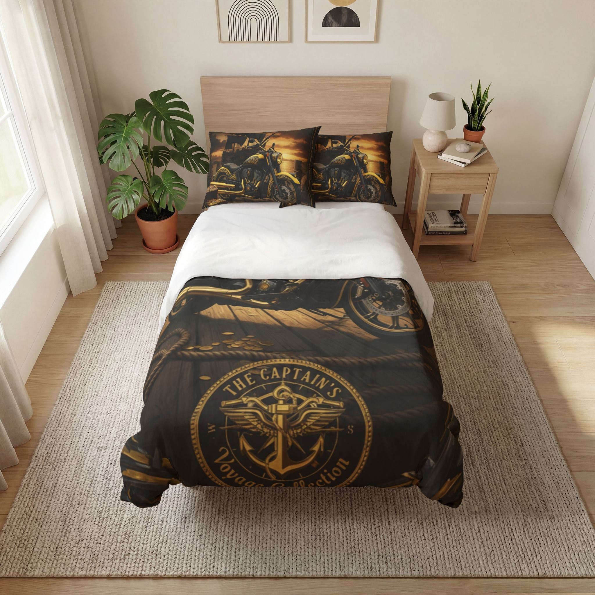 Motorcycle & Pirate Ship Quilt Cover Set — "The Captain" 3-Piece Bedding