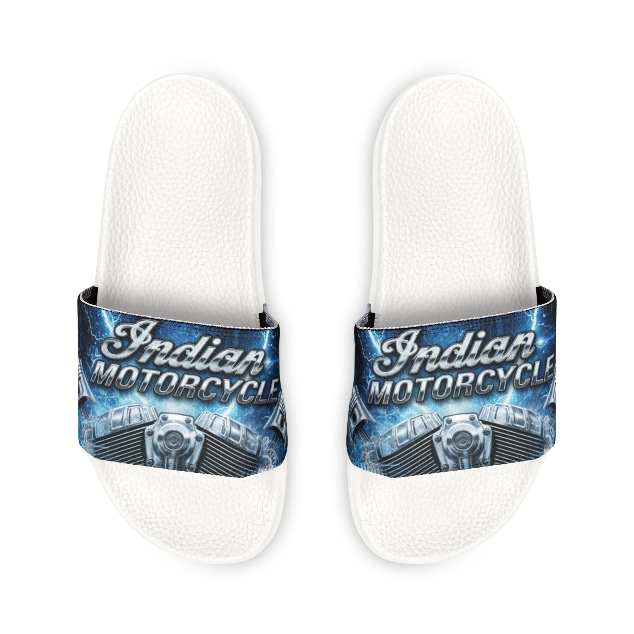 Men's Custom Slide Sandals — Removable Strap Graphic Slides (Motorcycle Emblem Design)