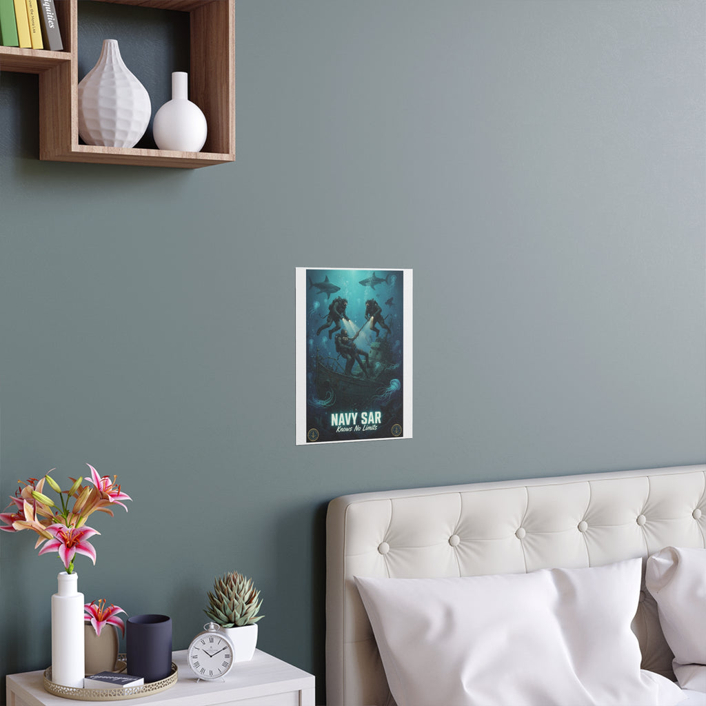 Navy SAR Silk Poster — 'Knows No Limits' Underwater Diver Rescue Art
