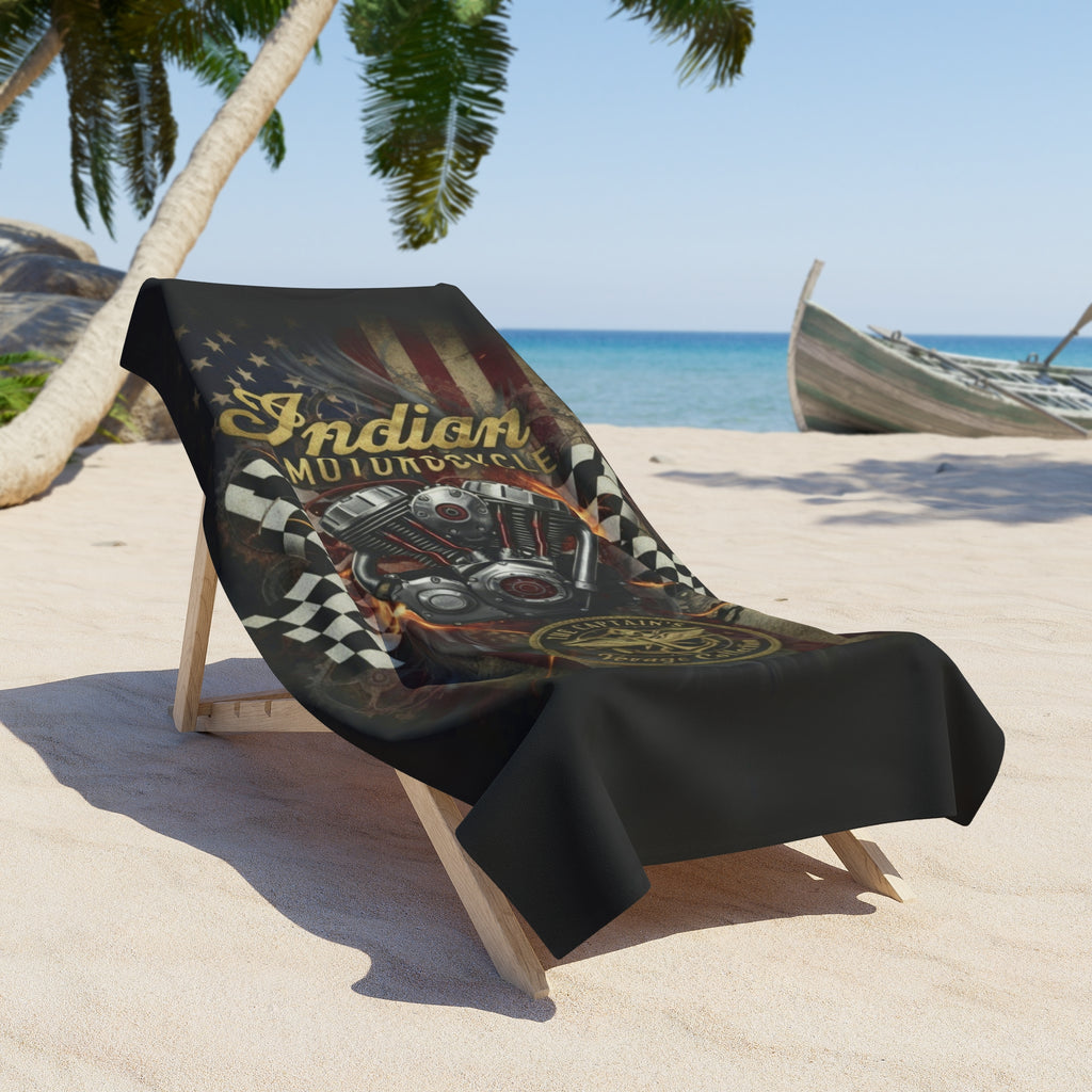 Indian Motorcycle Engine Beach Towel — Vintage American Flag Racing Design