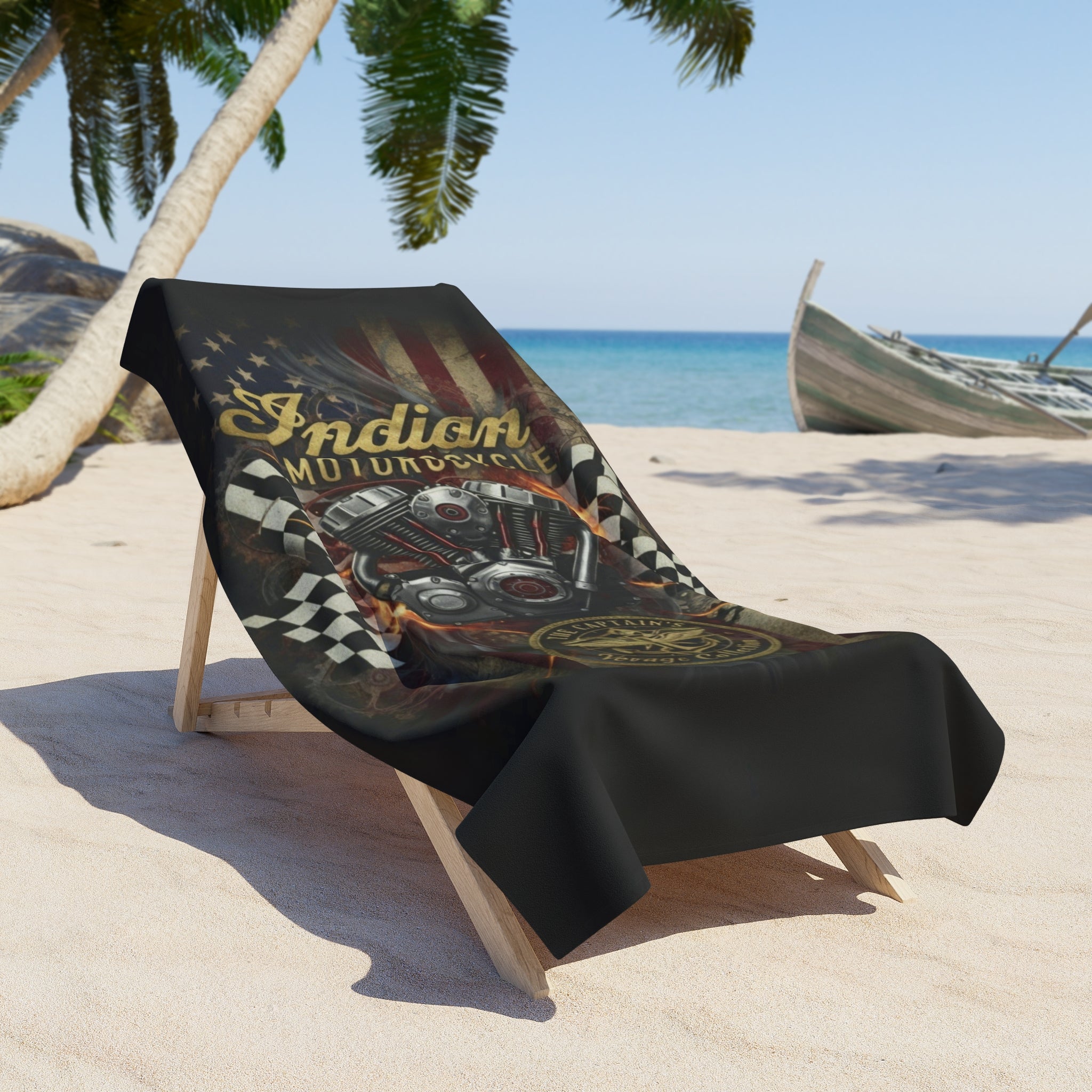 Indian Motorcycle Engine Beach Towel — Vintage American Flag Racing Design