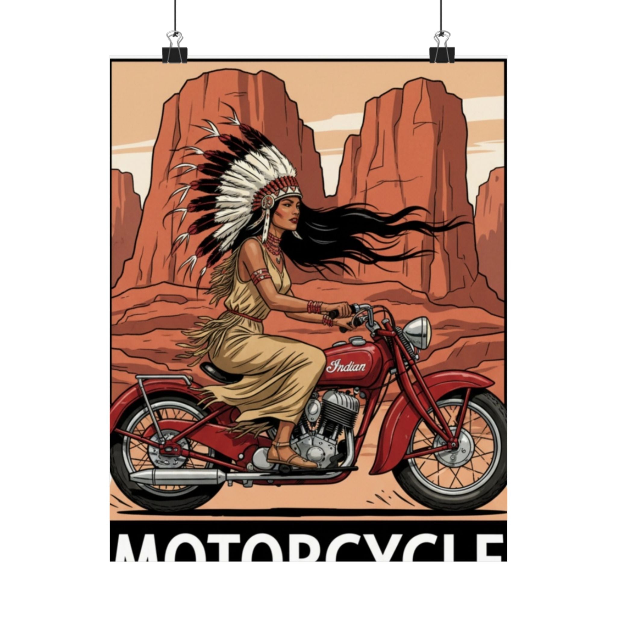 Motorcycle Vintage Poster — Native Woman on Red Indian Bike Matte Vertical Art Print