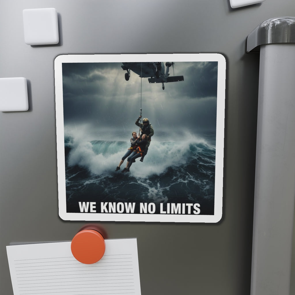 Rescue Helicopter Die-Cut Magnet — 'We Know No Limits' Ocean Rescue Design