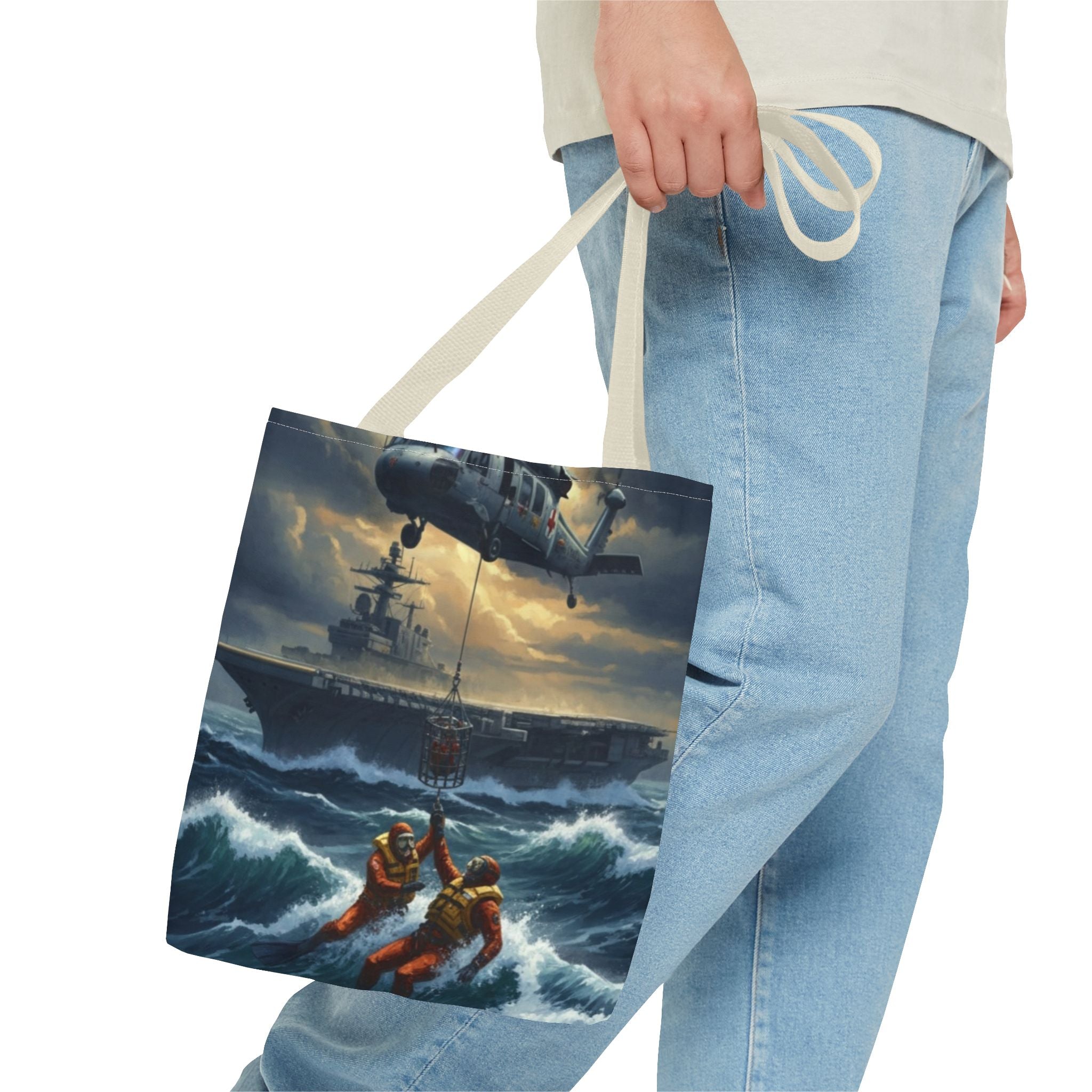 Rescue Squadron Tote Bag – Military Helicopter & Ship Search and Rescue Artwork