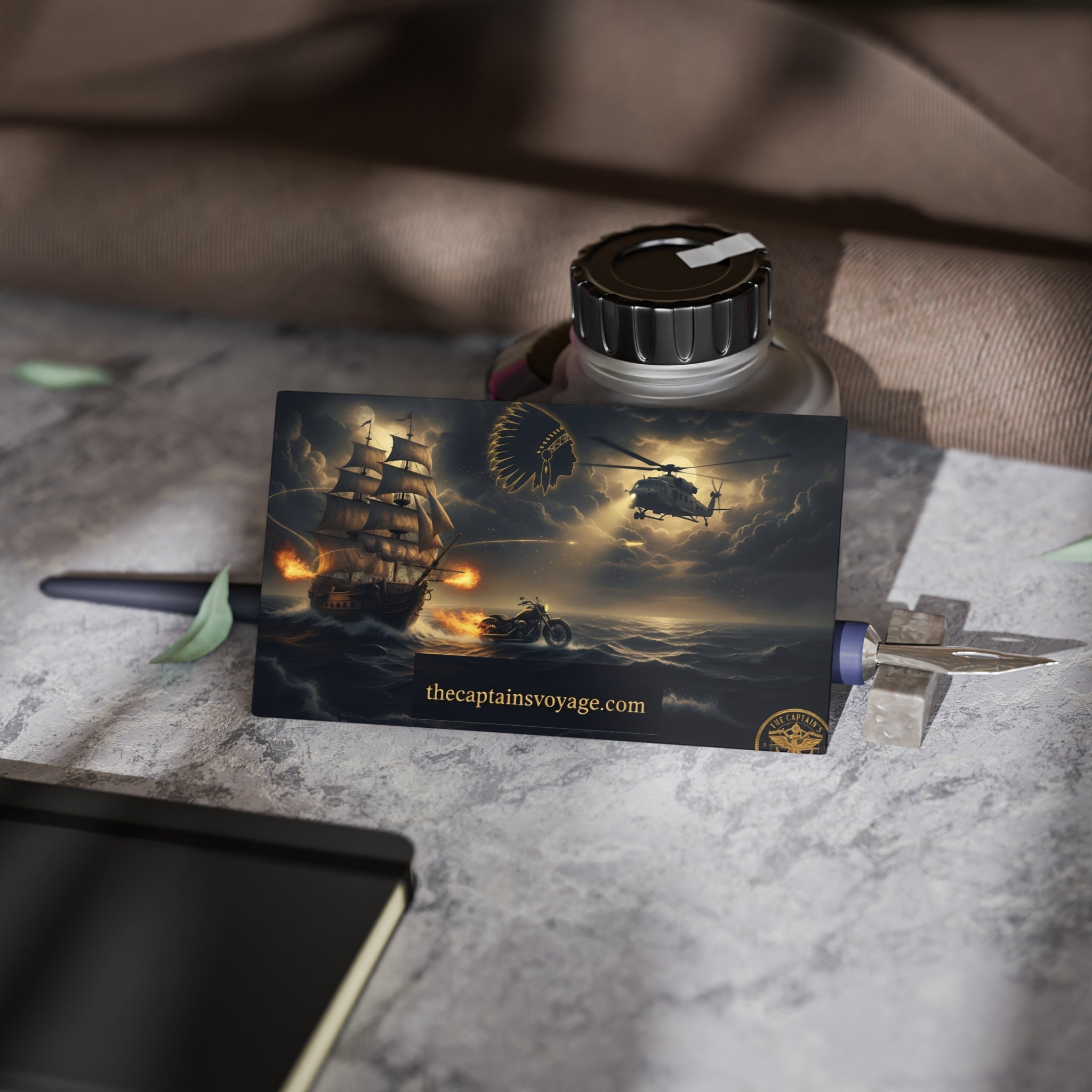 Business Cards — Nautical Adventure Scene with Ship, Helicopter & Motorcycle (thecaptainsvoyage.com)