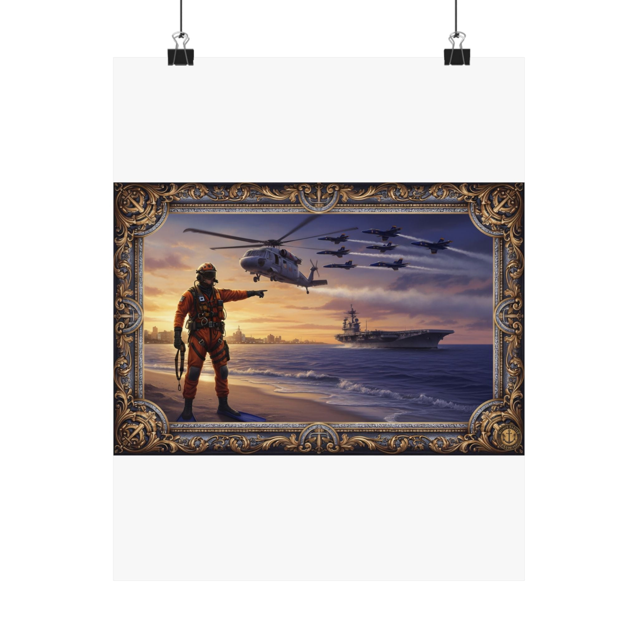 Military Aviation Matte Poster — Navy Helicopters & Sailor Sunset