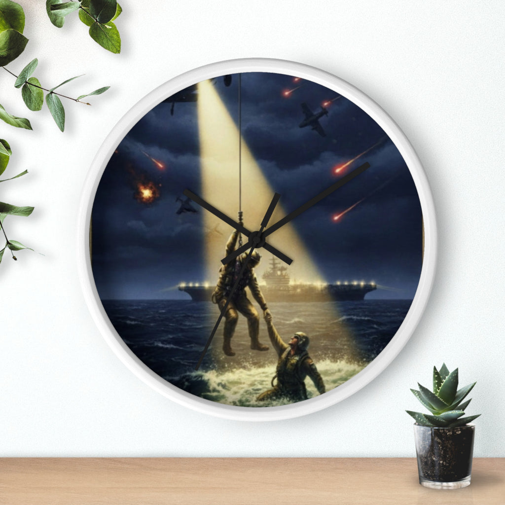 Rescue at Dawn Wall Clock — Military Helicopter Sea Rescue Scene