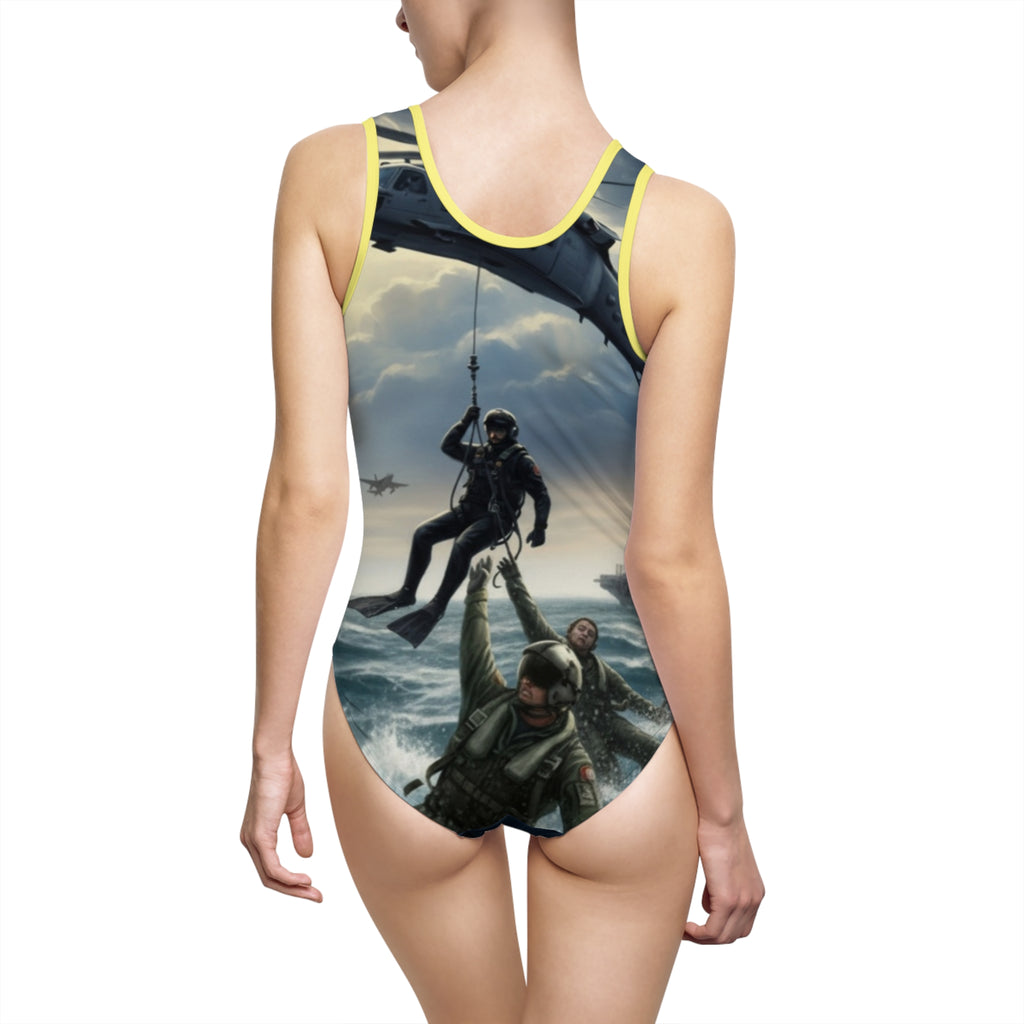 Military Rescue One-Piece Swimsuit — Combat Helicopter & Paratrooper Beachwear