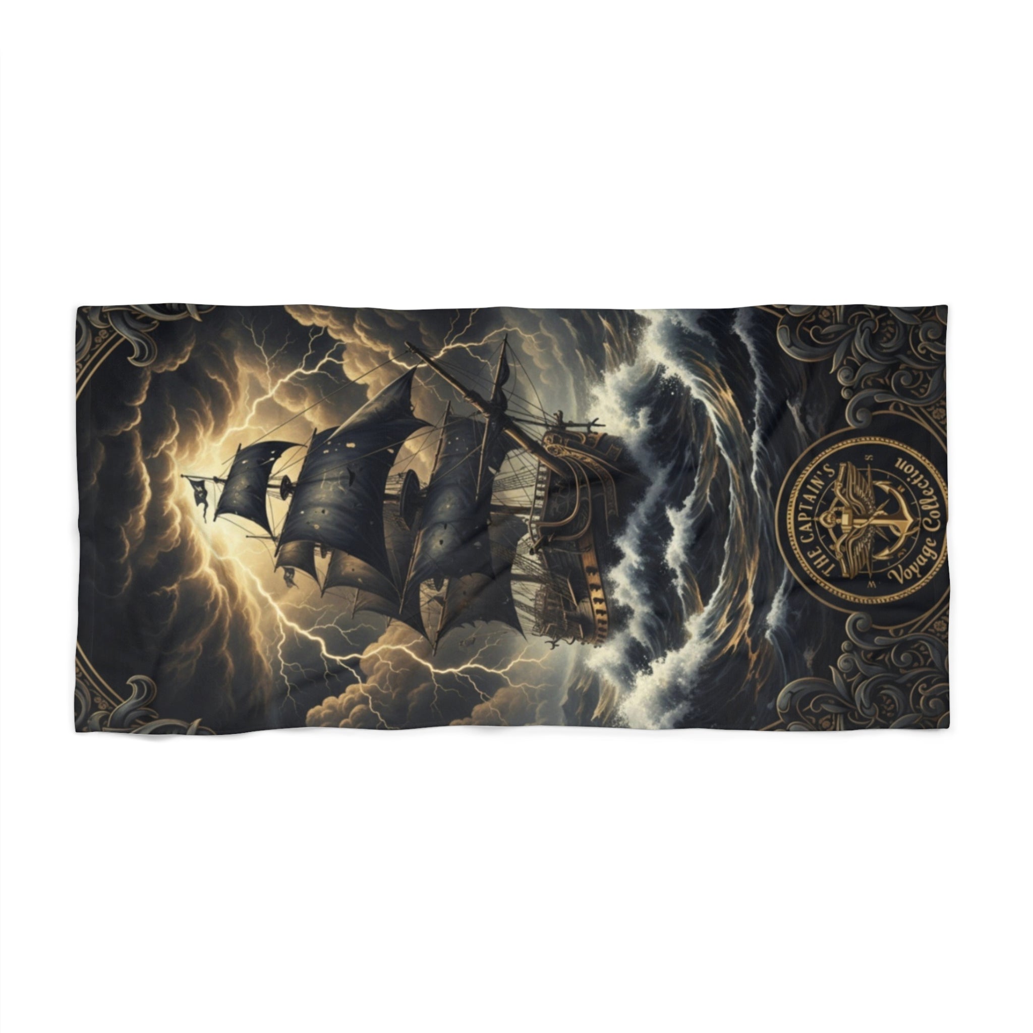 Pirate Ship Beach Towel — Stormy Vintage Nautical Design