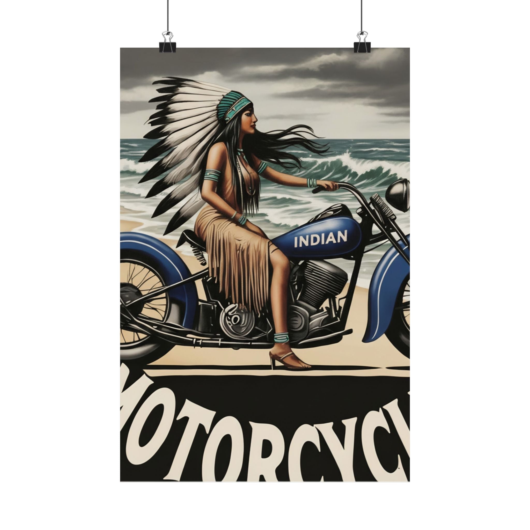 Vintage Motorcycle Poster — Native American Woman on Bike Matte Vertical Print