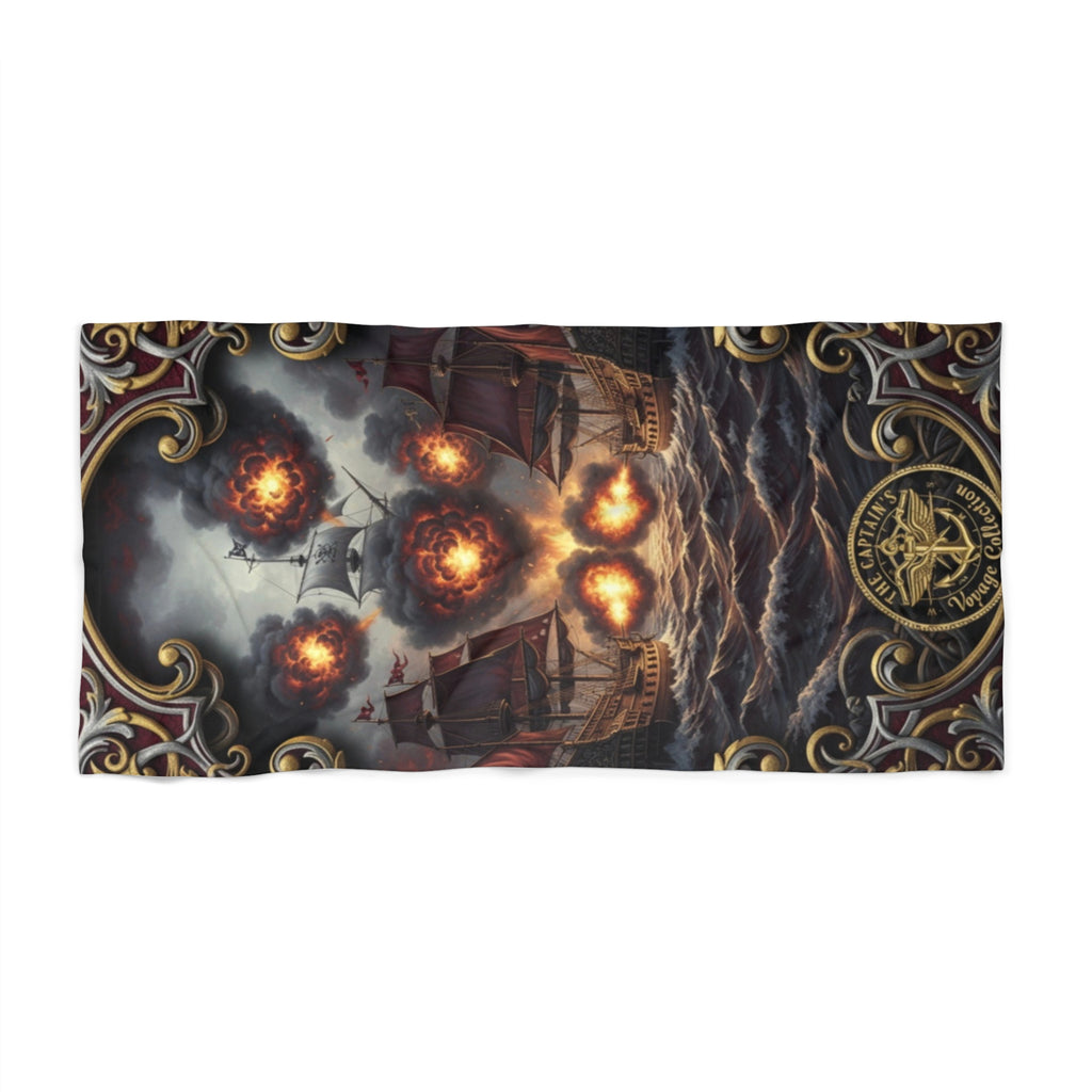 Pirate Armada Beach Towel — Flaming Cannonball Ship Skull Design