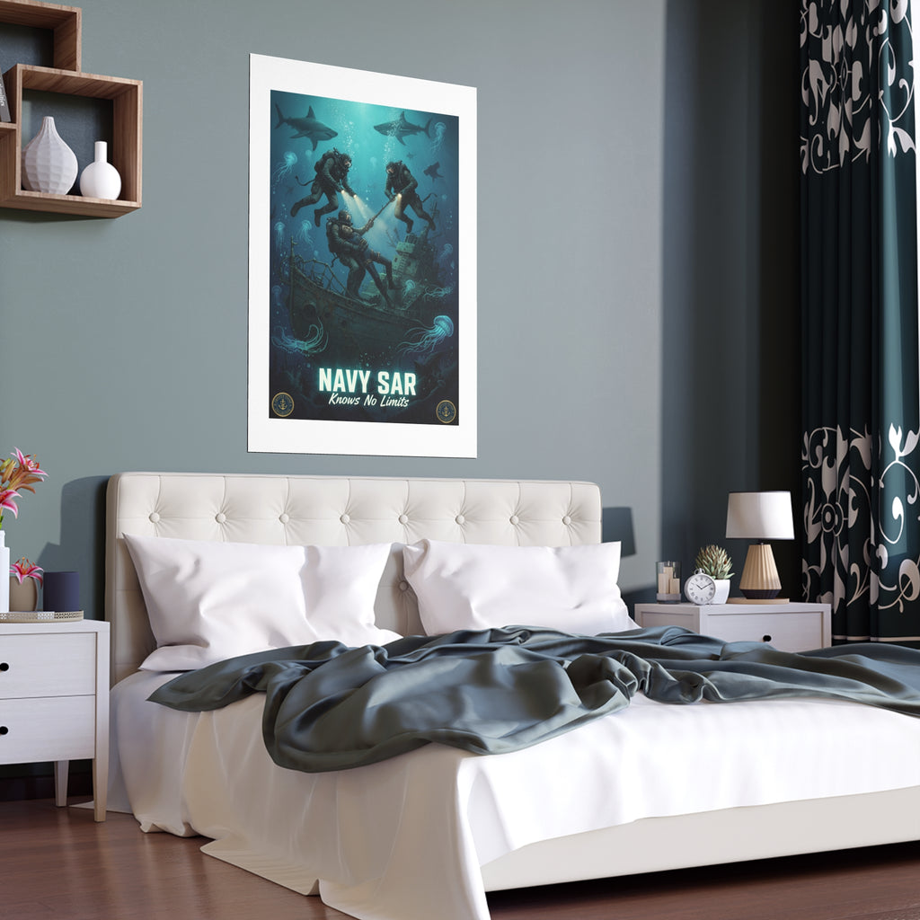 Navy SAR Silk Poster — 'Knows No Limits' Underwater Diver Rescue Art