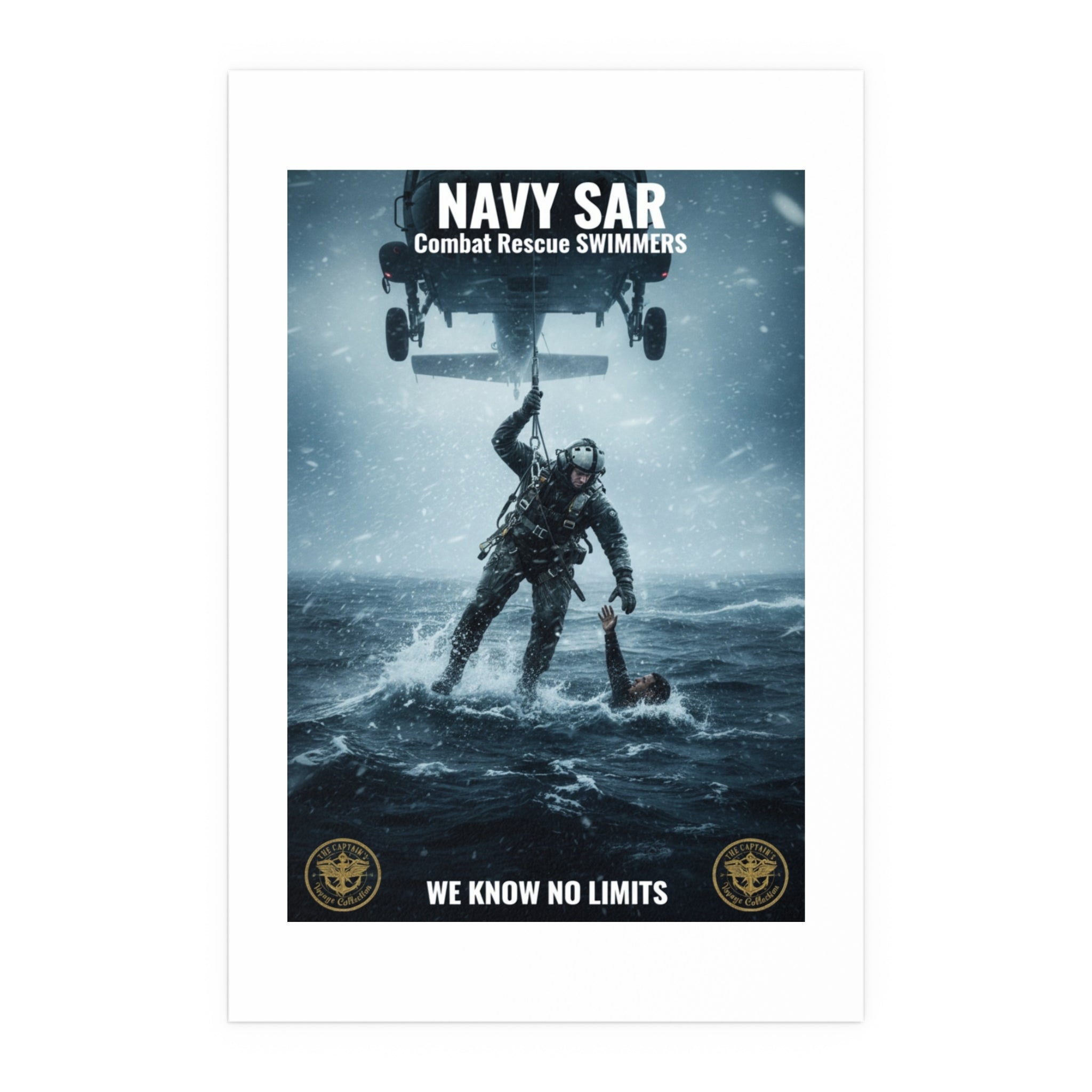 Rescue Diver Silk Poster – Dramatic Sea & Helicopter Wall Art (Indoor/Outdoor)