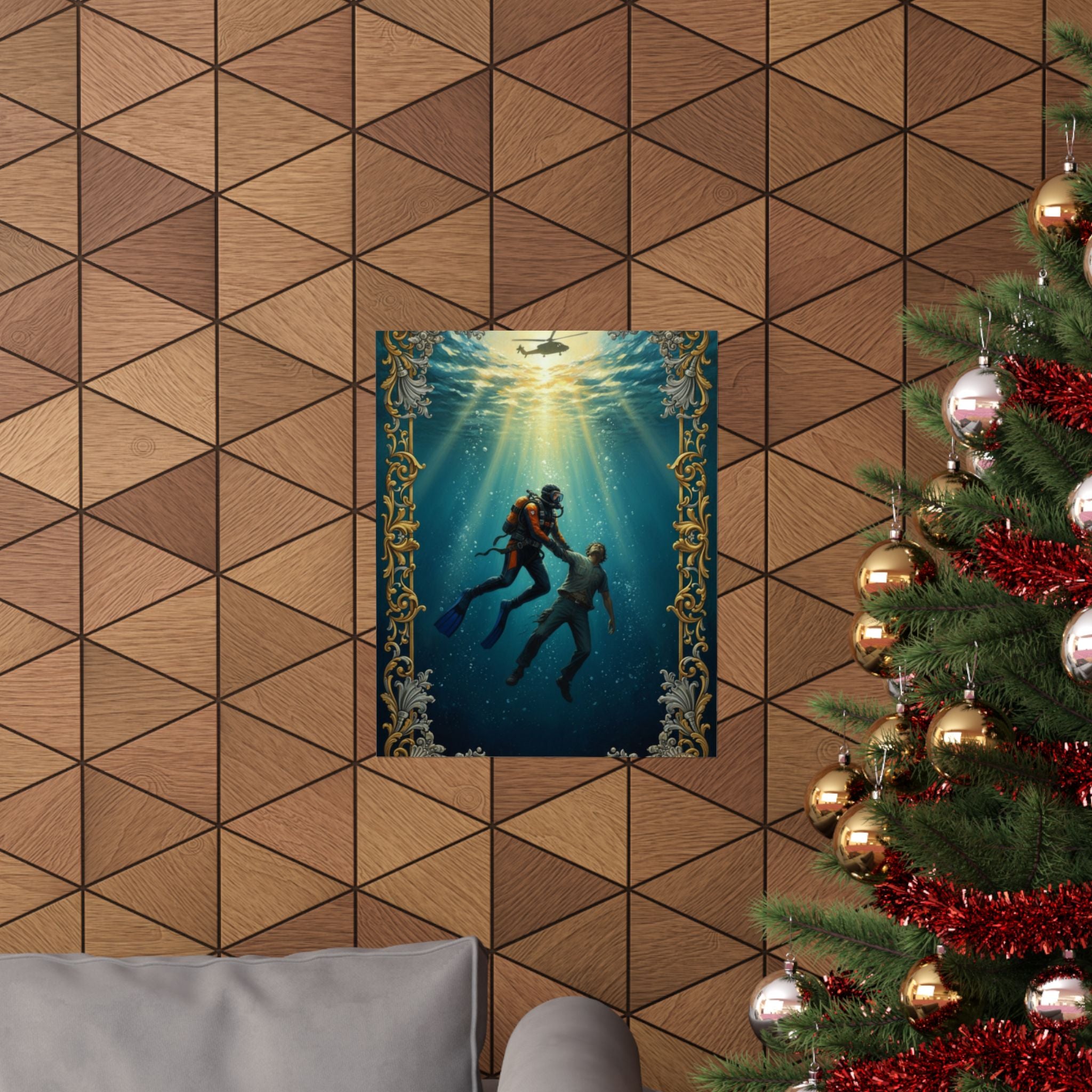 Underwater Rescue Poster — Diver & Child Matte Vertical Art Print