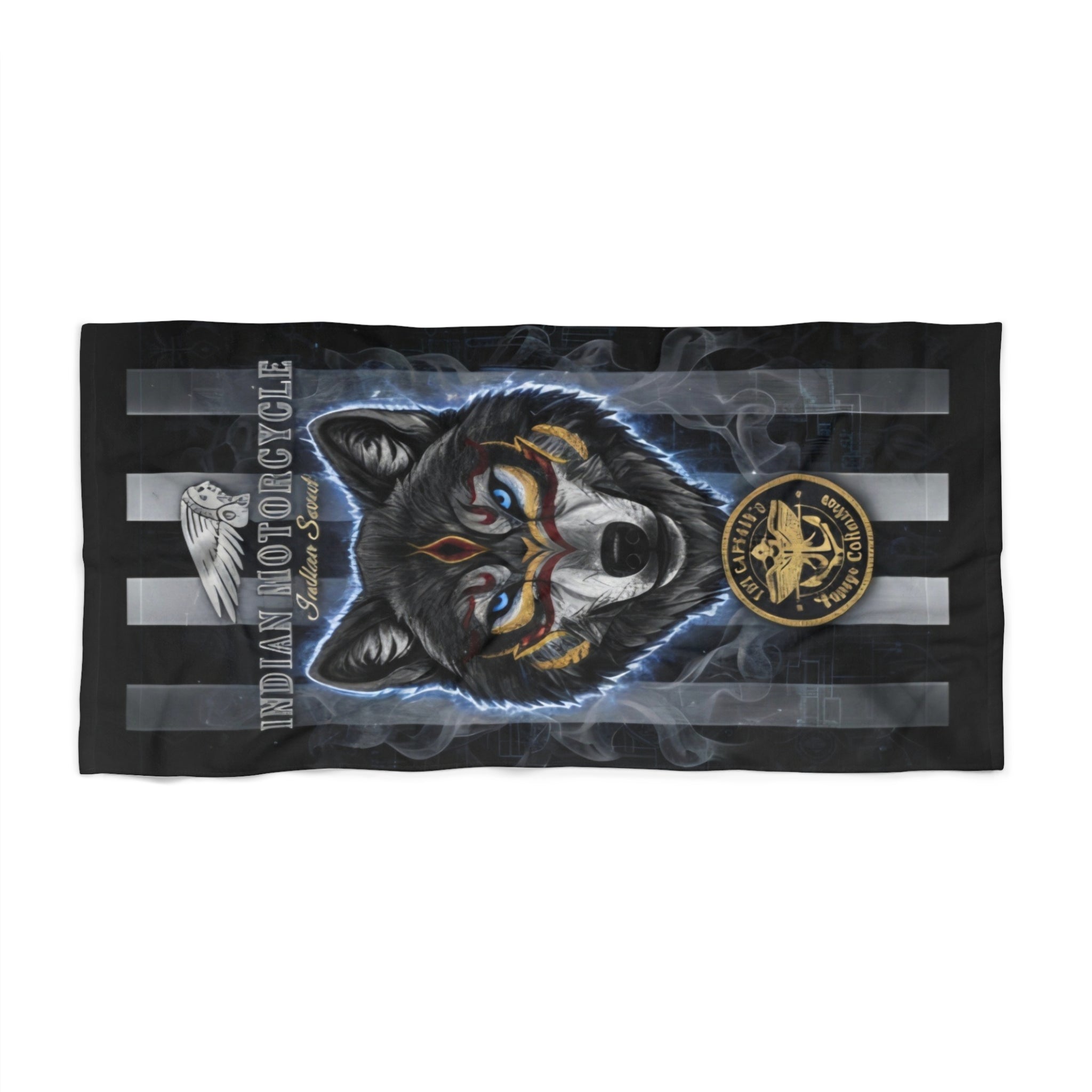 Wolf Motorcycle Beach Towel — Tribal Wolf Emblem Striped Beach Towel
