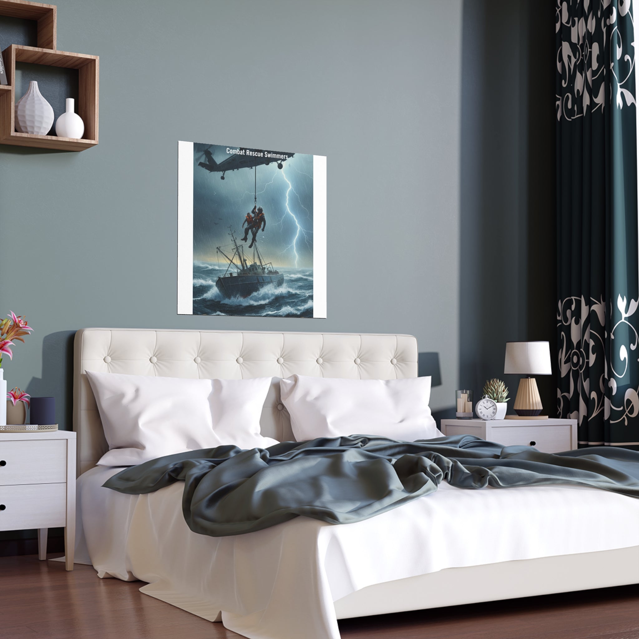 Rescue at Sea Silk Poster — Storm Helicopter Lifesaver Wall Art (Indoor/Outdoor)