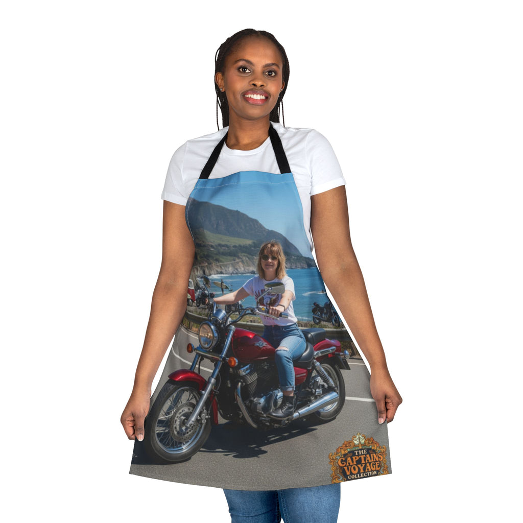 Custom Motorcycle Photo Apron — Personalized Biker Cook Apron with Scenic Ride Print