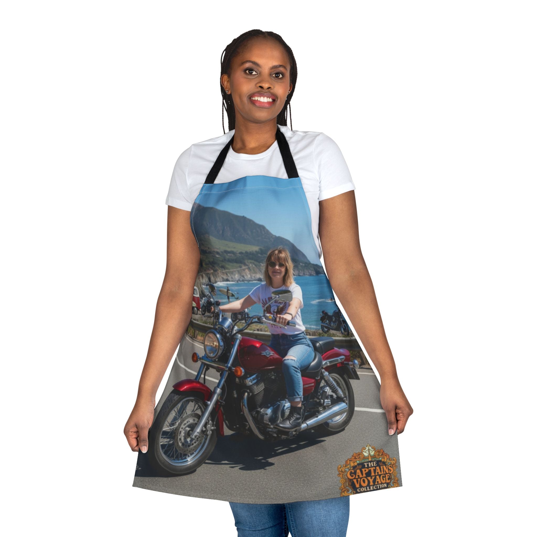 Custom Motorcycle Photo Apron — Personalized Biker Cook Apron with Scenic Ride Print