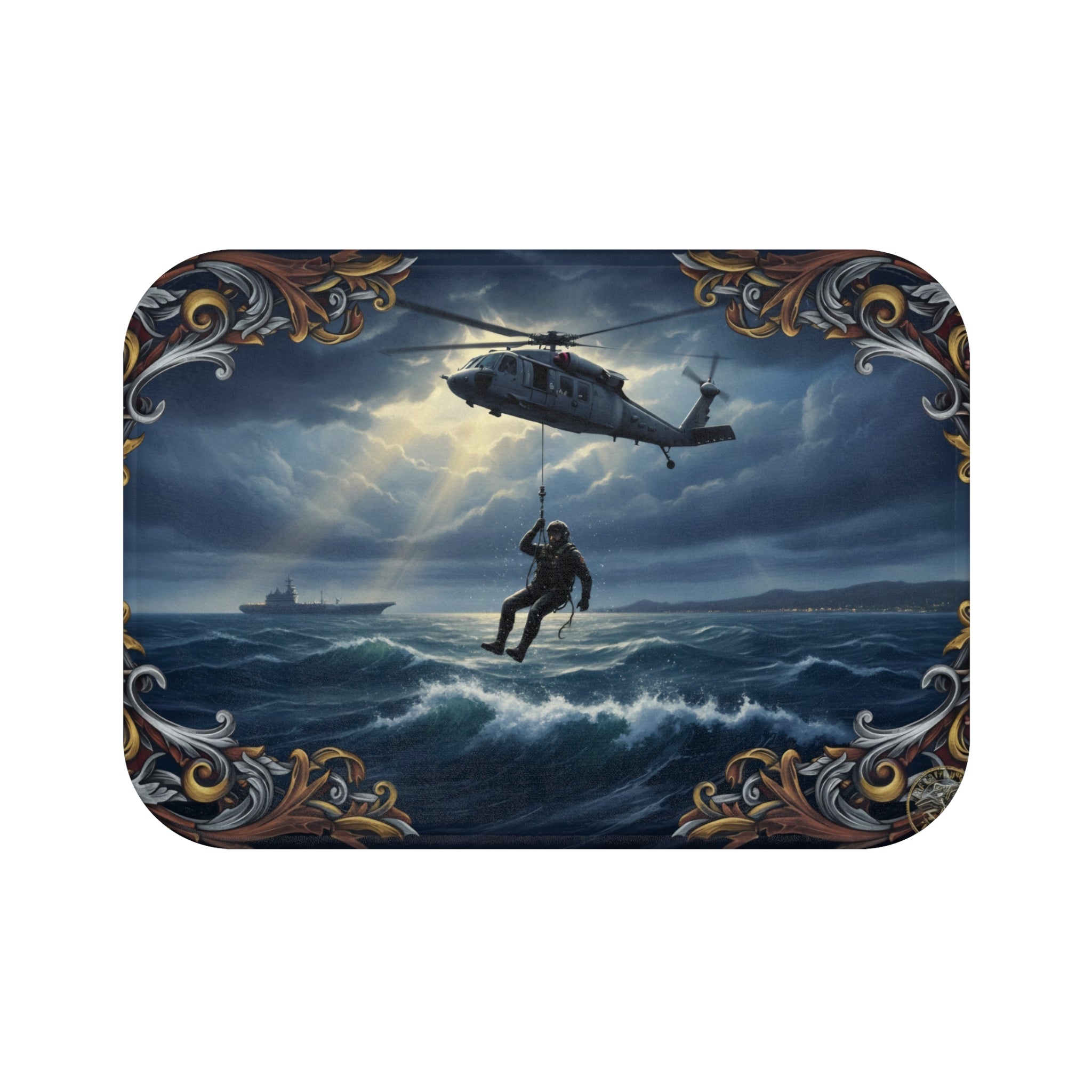 Coast Guard Rescue Scene Bath Mat — Nautical Helicopter SAR Ocean Rug