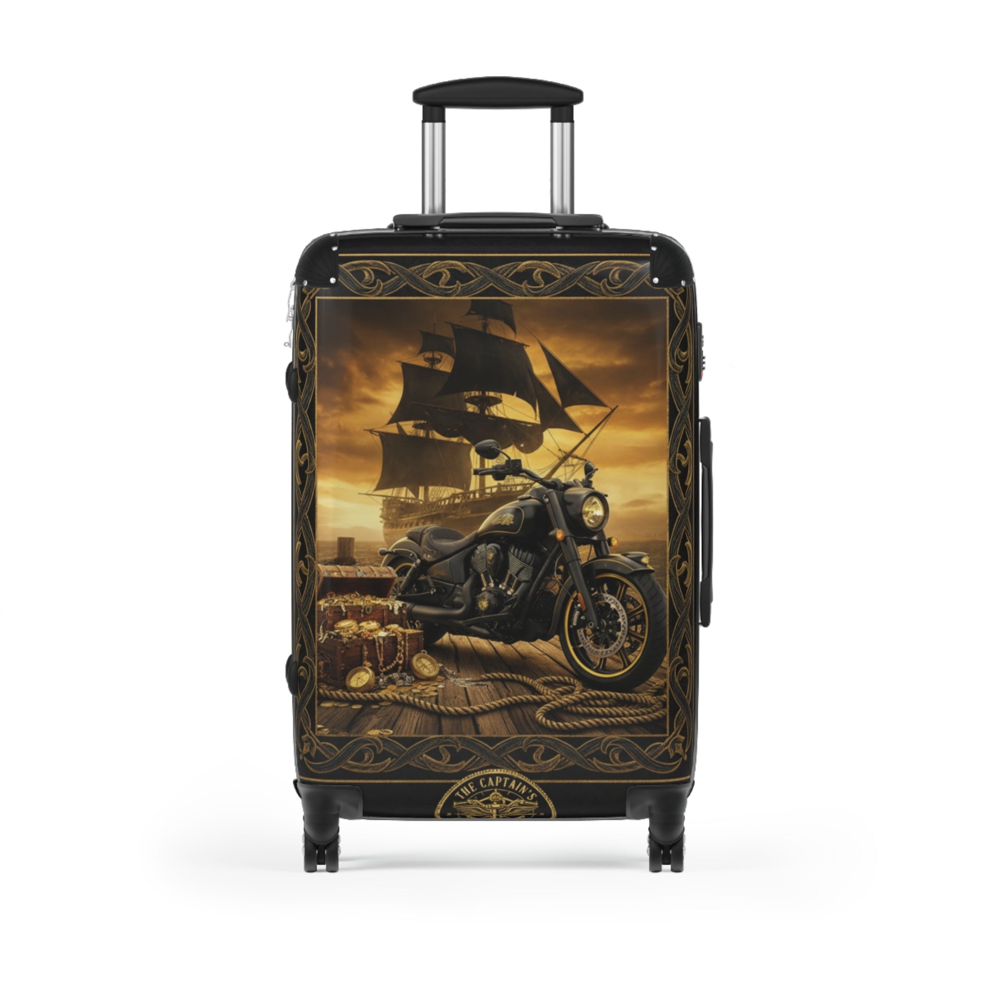 Vintage Pirate Ship & Motorcycle Suitcase – Travel Carry-On with Nautical Adventure Design