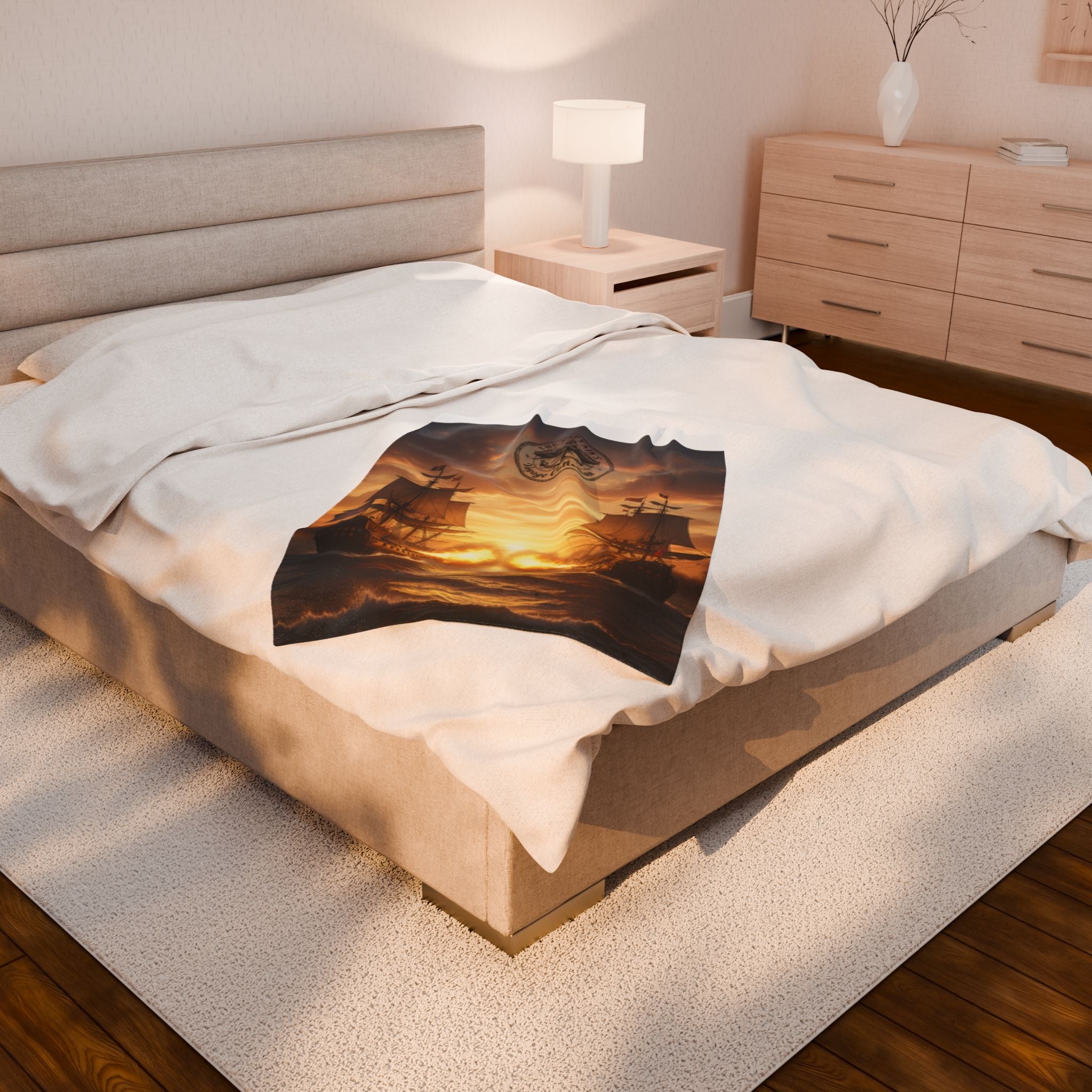 Nautical Battleship Velveteen Plush Blanket – Vintage Pirate Ship Sunset Throw