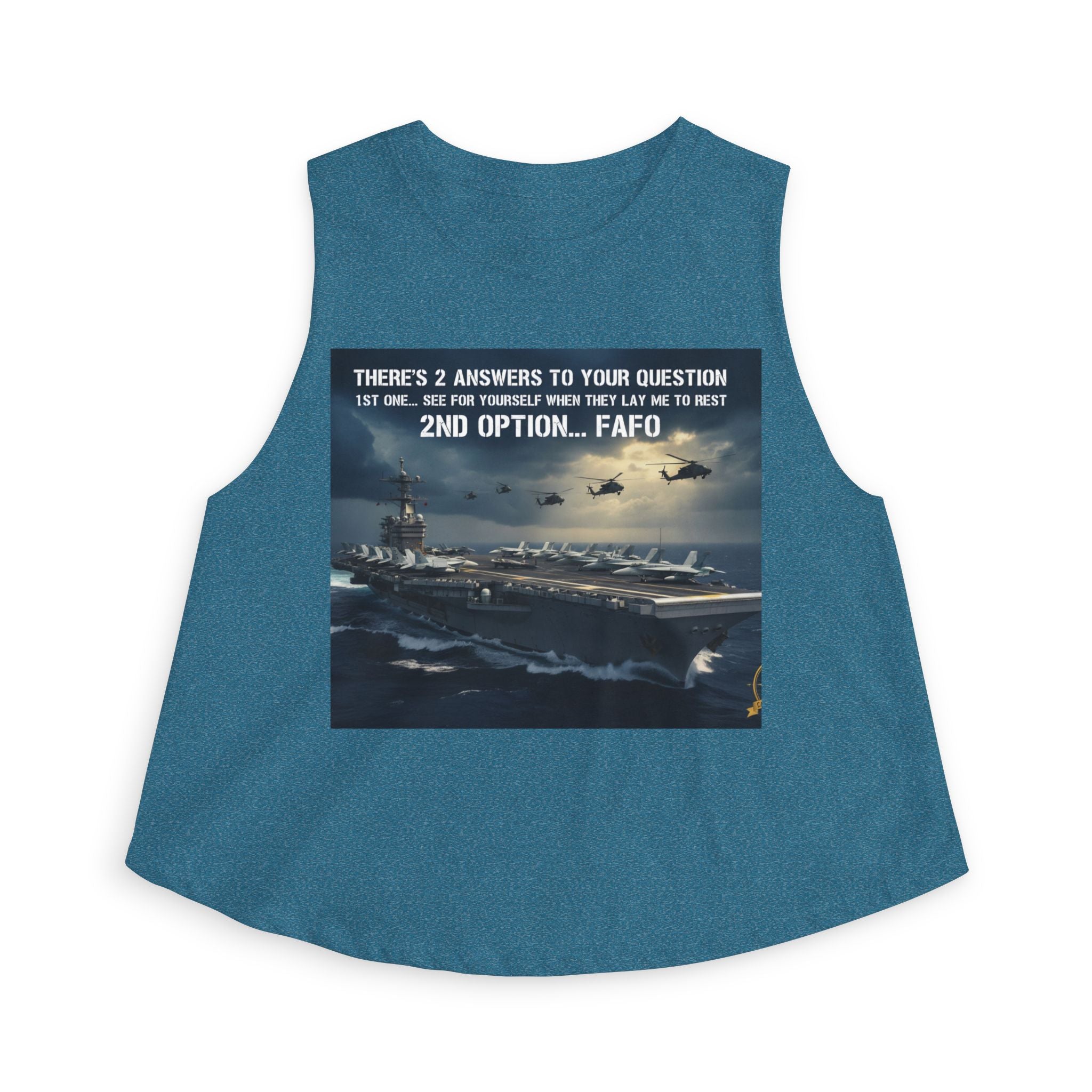 Women’s Crop Top – Military Aircraft Carrier Graphic with “2nd Option…F A F O” Text