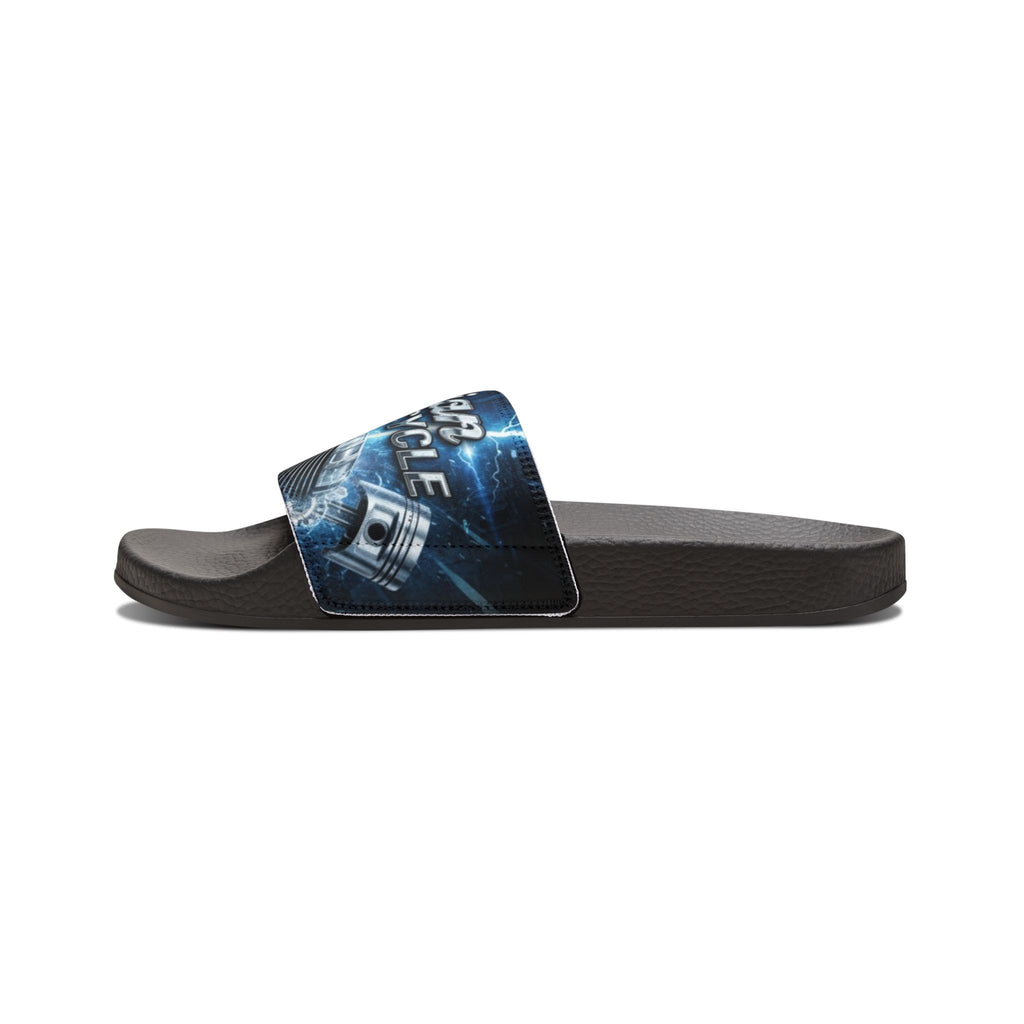 Men's Custom Slide Sandals — Removable Strap Graphic Slides (Motorcycle Emblem Design)