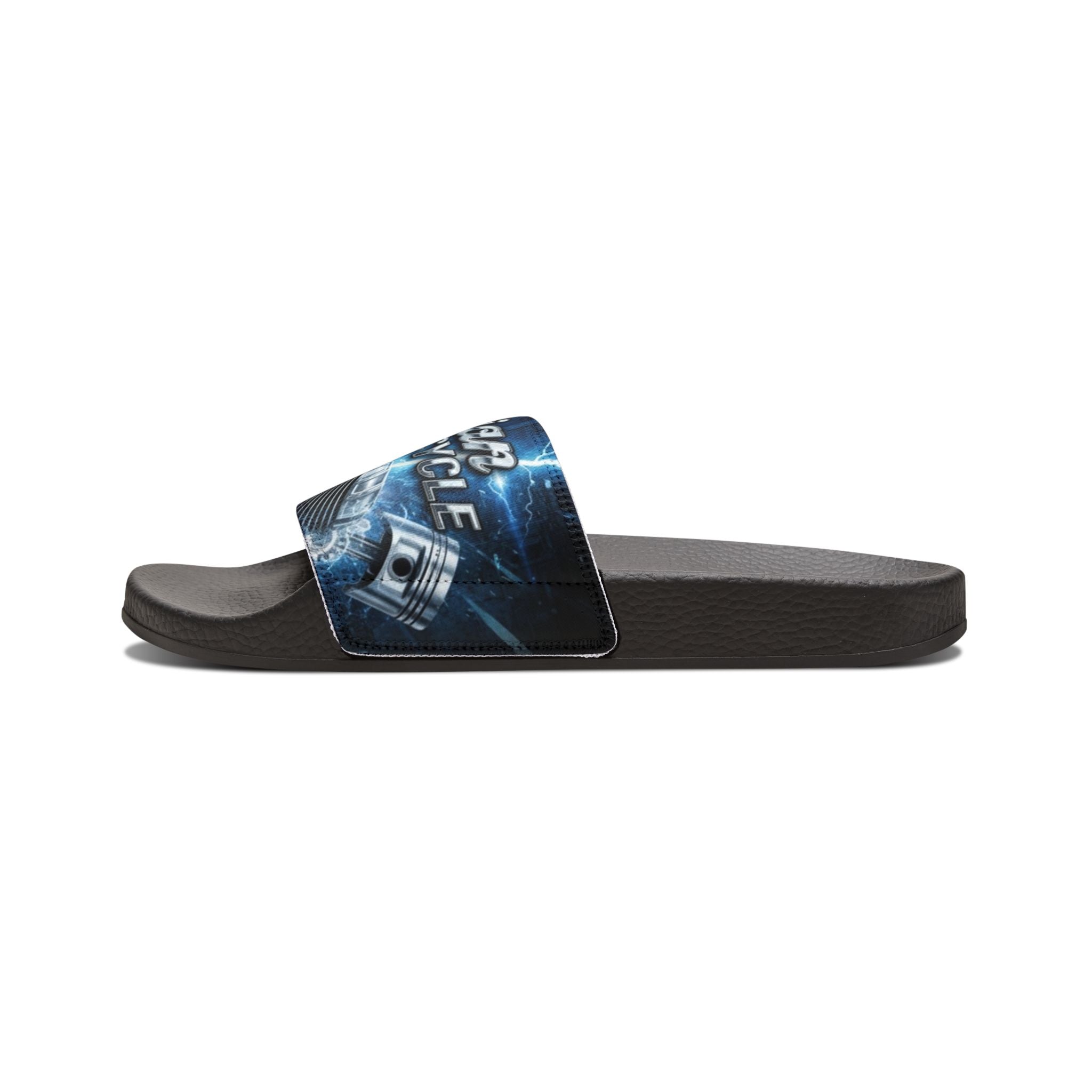 Men's Custom Slide Sandals — Removable Strap Graphic Slides (Motorcycle Emblem Design)