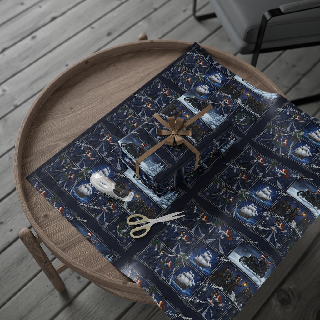 Wrapping Paper - Festive Navy Holiday Scene Gift Wrap (Snow, Sleigh, Night Sky)