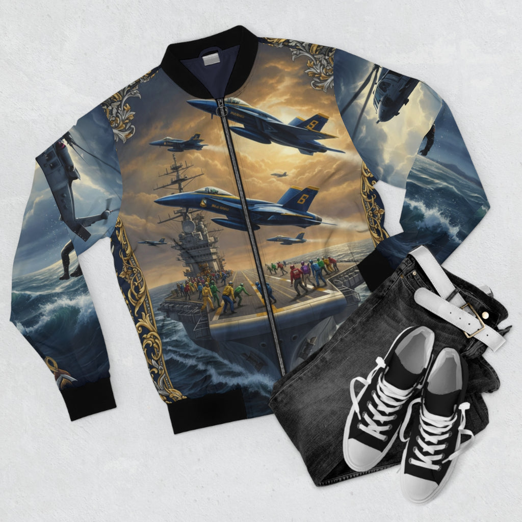 NAS Pensacola Military Bomber Jacket — Rescue Helicopter & Fighter Jet Design