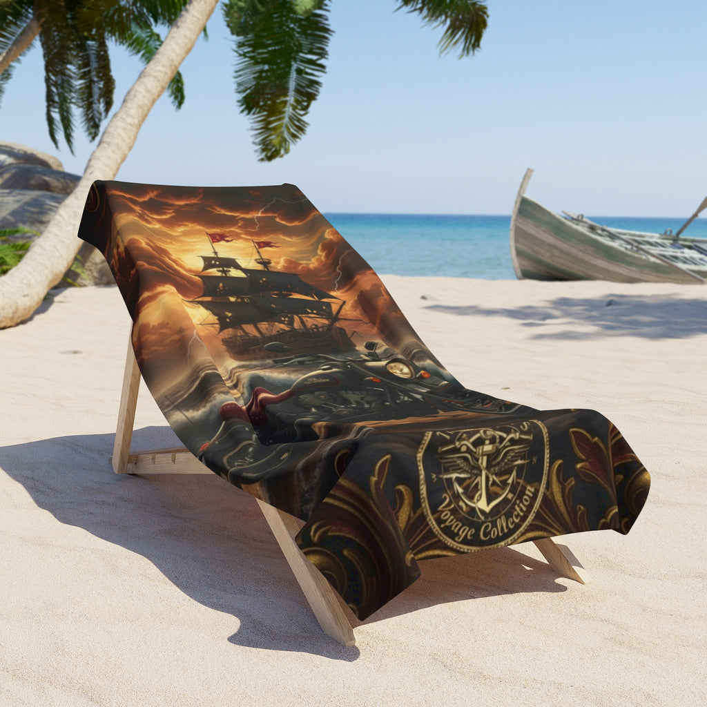 Pirate Ship & Motorcycle Beach Towel — Vintage Nautical Sunset Graphic