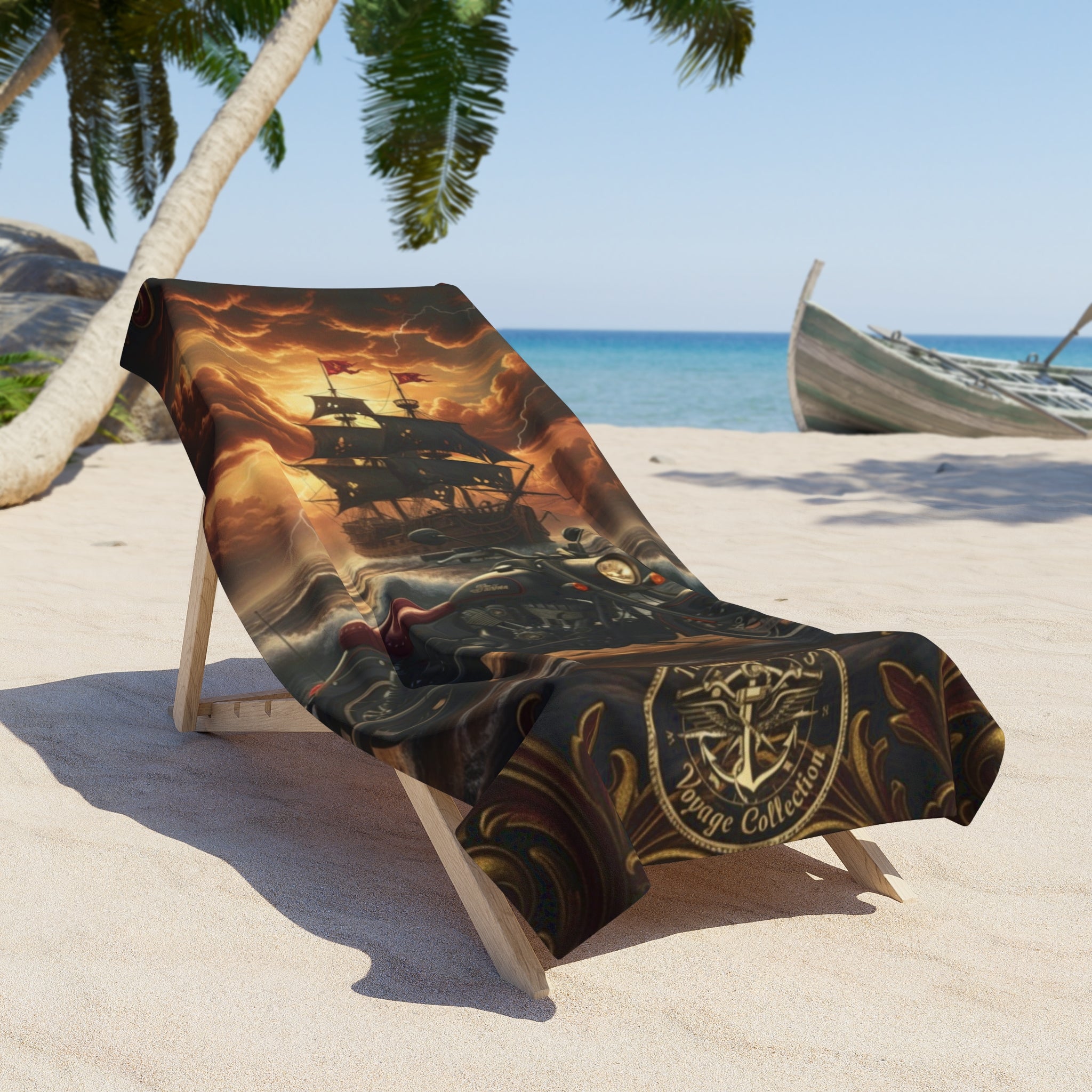 Pirate Ship & Motorcycle Beach Towel — Vintage Nautical Sunset Graphic