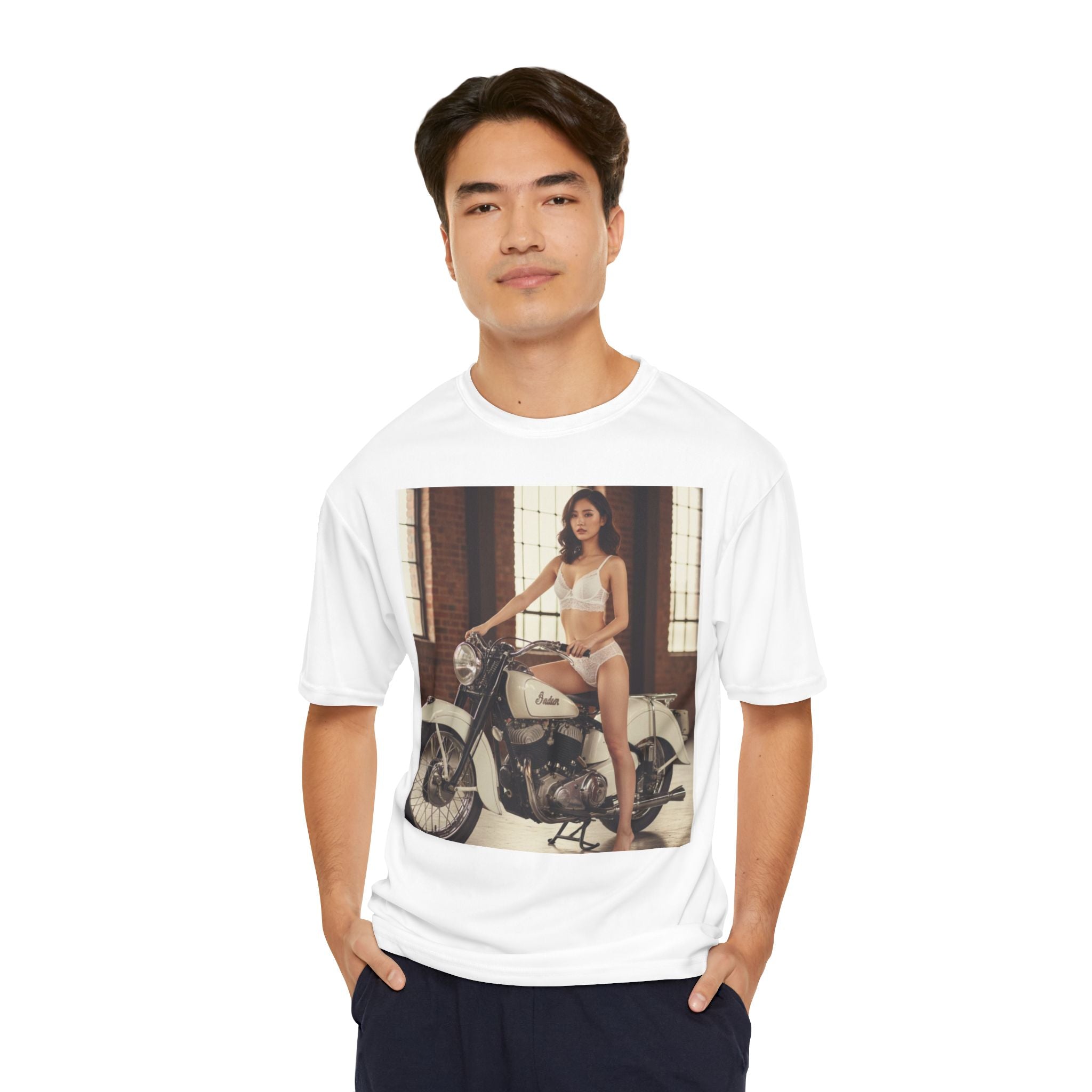 Pinup Motorcycle Tee — Vintage Biker Girl Photo Print
