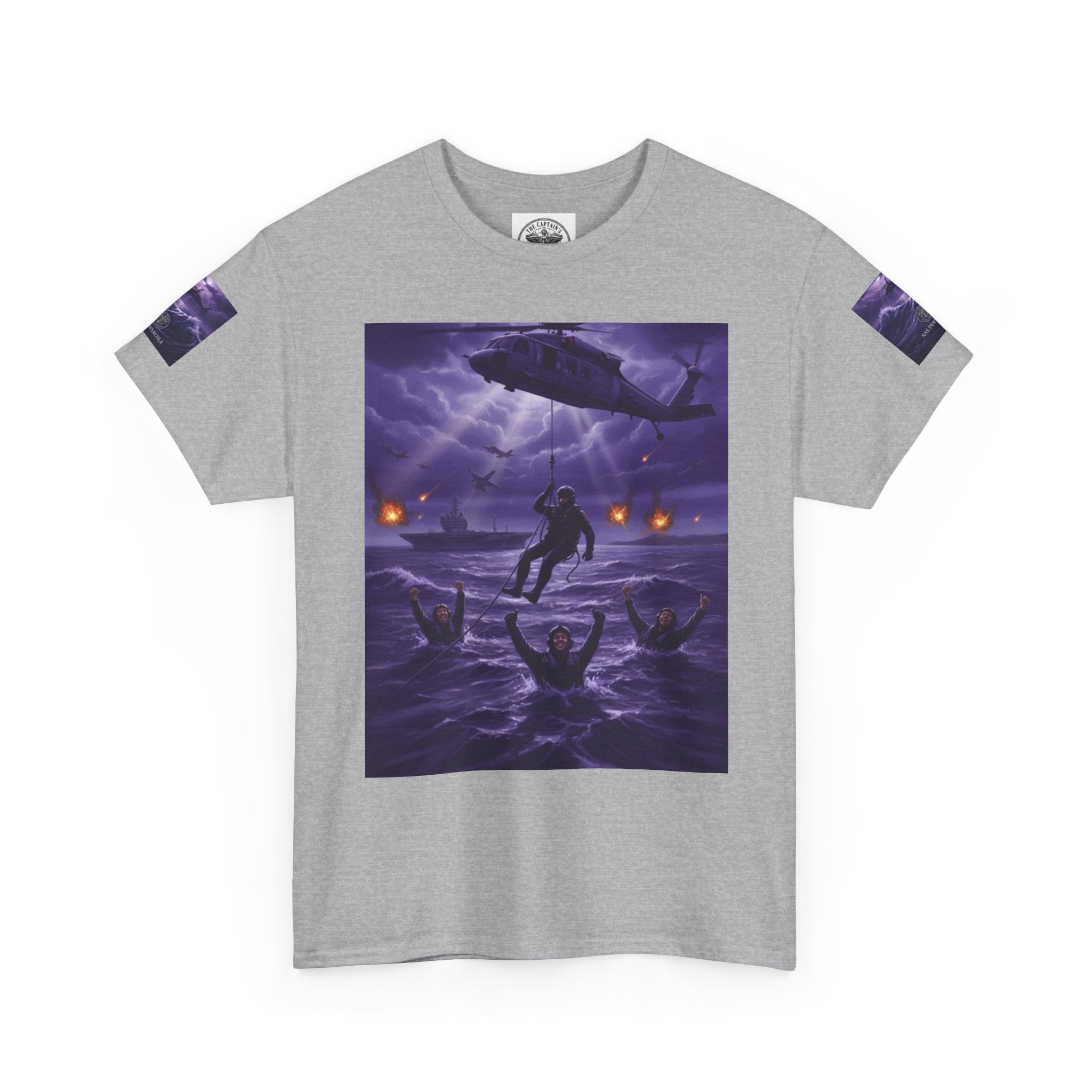 Rescue Night Tee — Purple Helicopter Sea Rescue Graphic T-Shirt